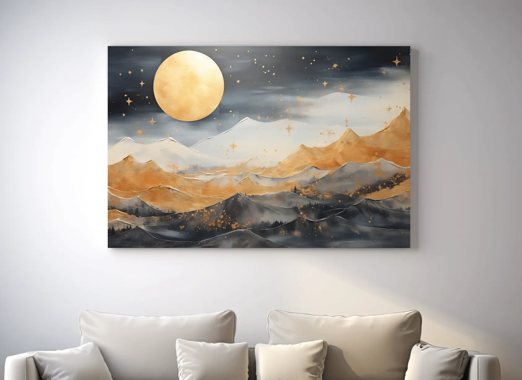 Golden Moonlit Abstract Mountain Landscape - Modern Metallic Watercolor Wall Art