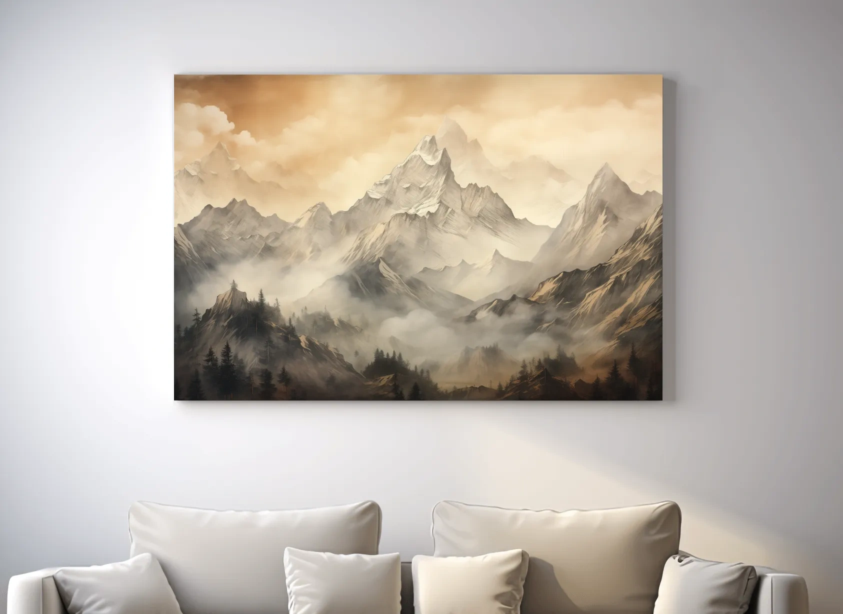 Moody Sepia Misty Mountain Peaks - Atmospheric Alpine Landscape Painting Wall Art