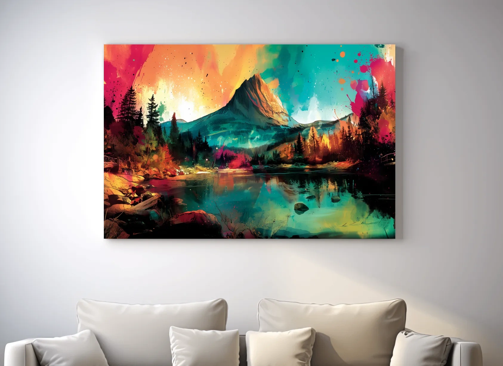 Vibrant Abstract Alpine Mountain Sunrise - Colorful Watercolor Style Artwork