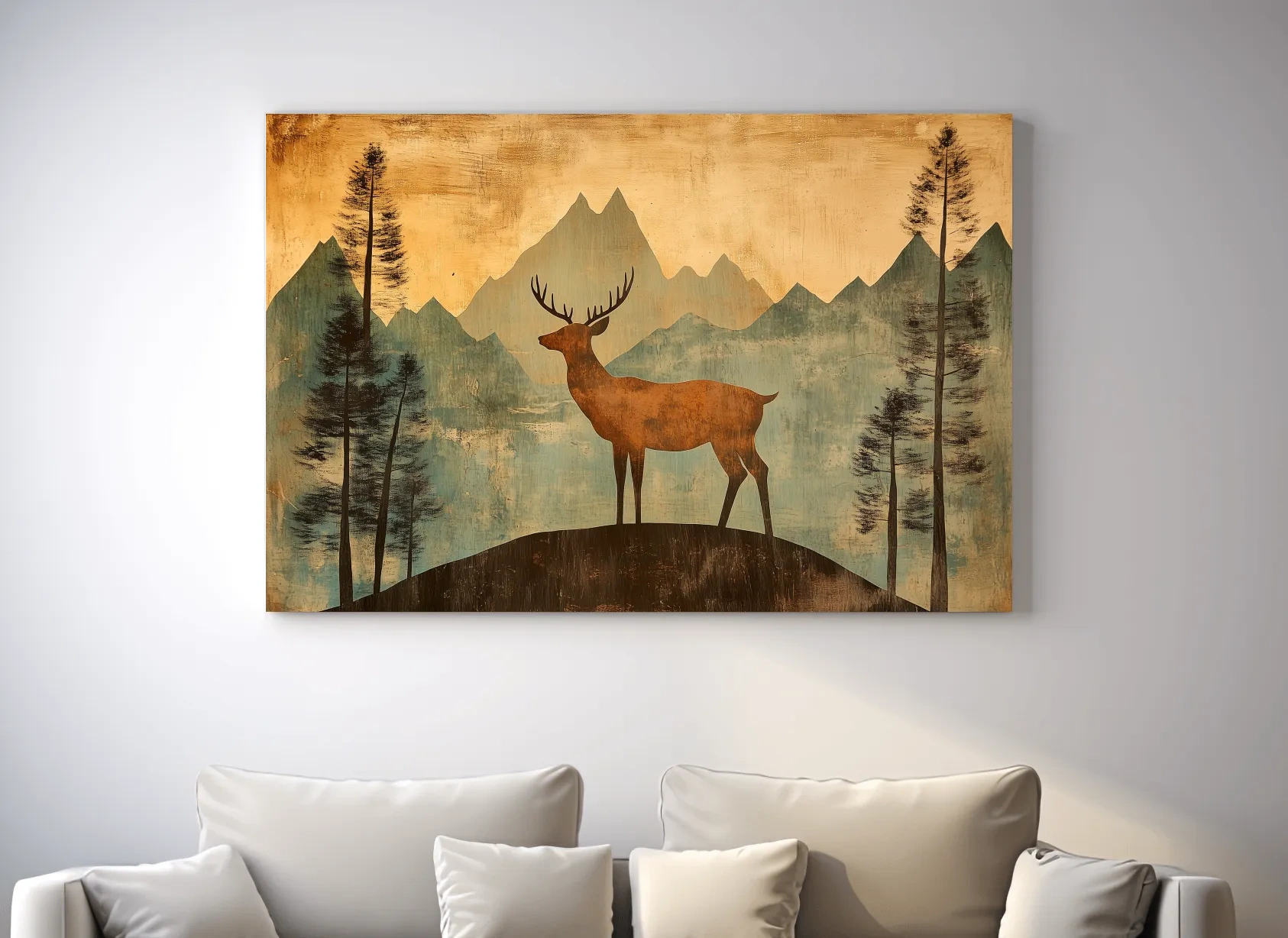 Rustic Deer Silhouette Mountain Landscape - Vintage Woodland Wall Art