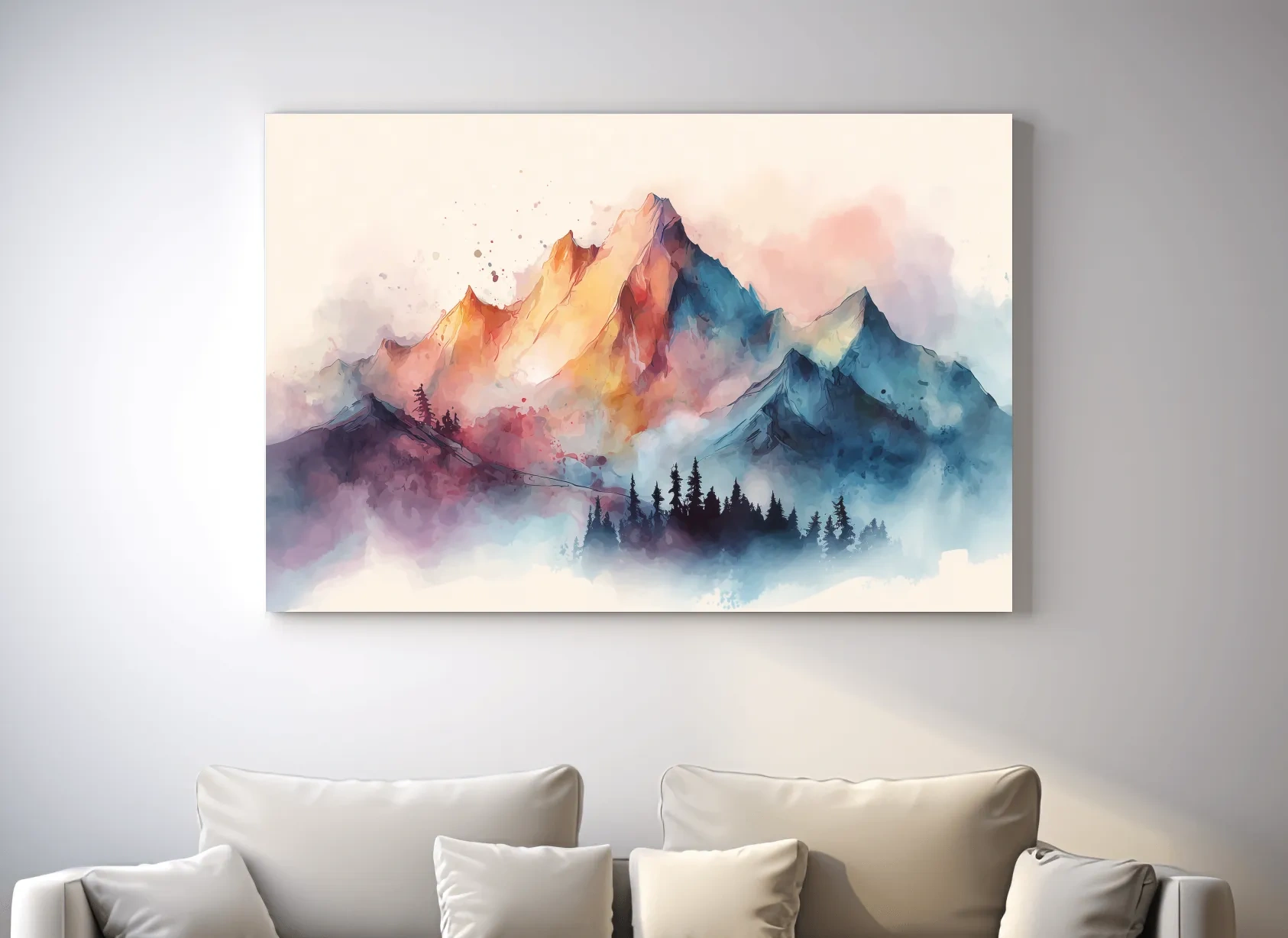 Vibrant Watercolor Mountain Peaks - Colorful Misty Alpine Forest Wall Art