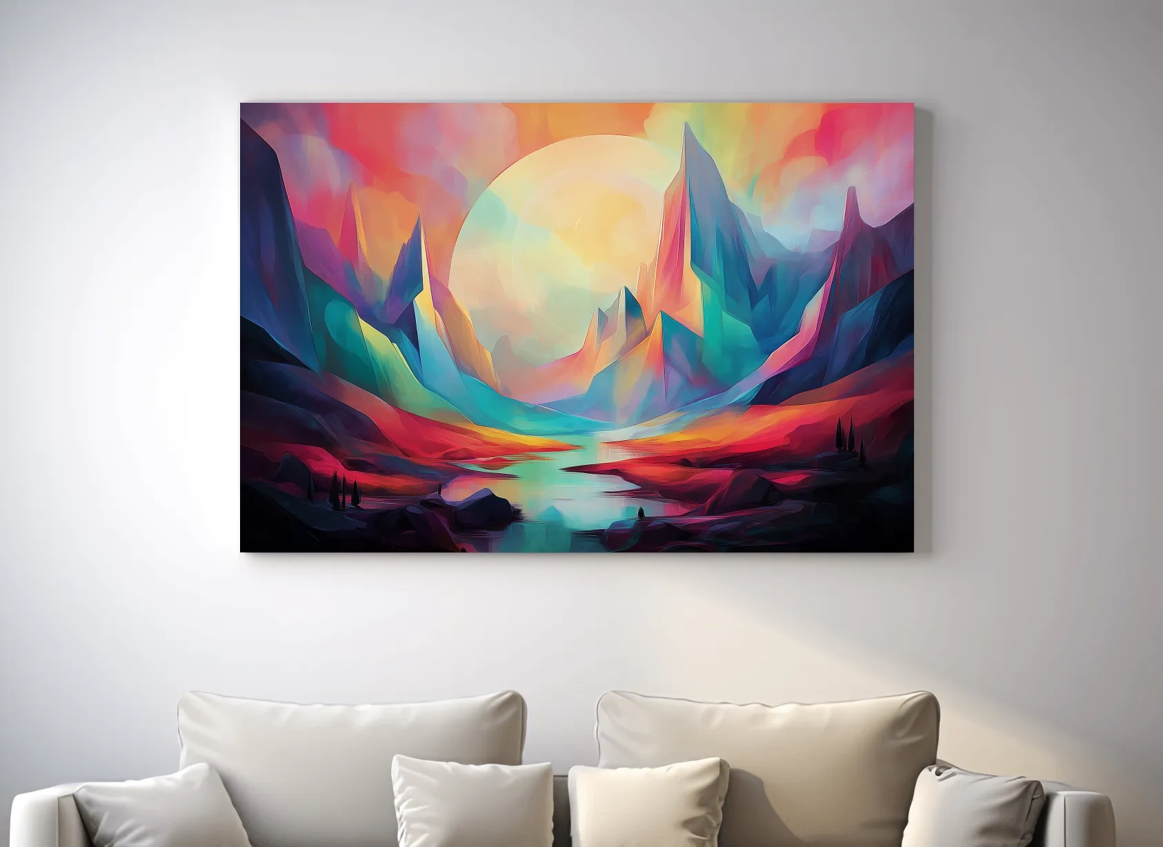 Vibrant Abstract Mountain Valley Sunset - Colorful Surreal Landscape Wall Art