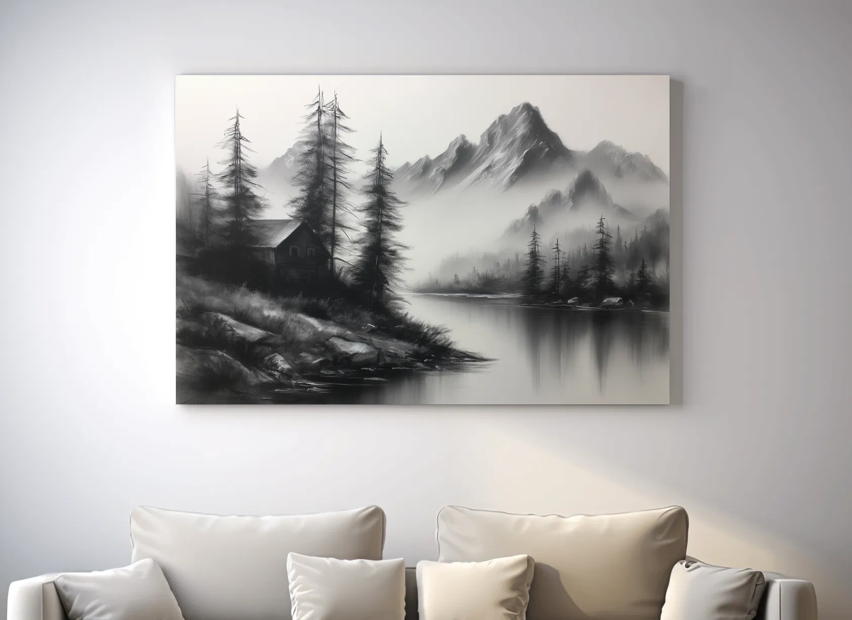 Moody Monochrome Alpine Lake Cabin - Charcoal Mountain Sketch Style Wall Art
