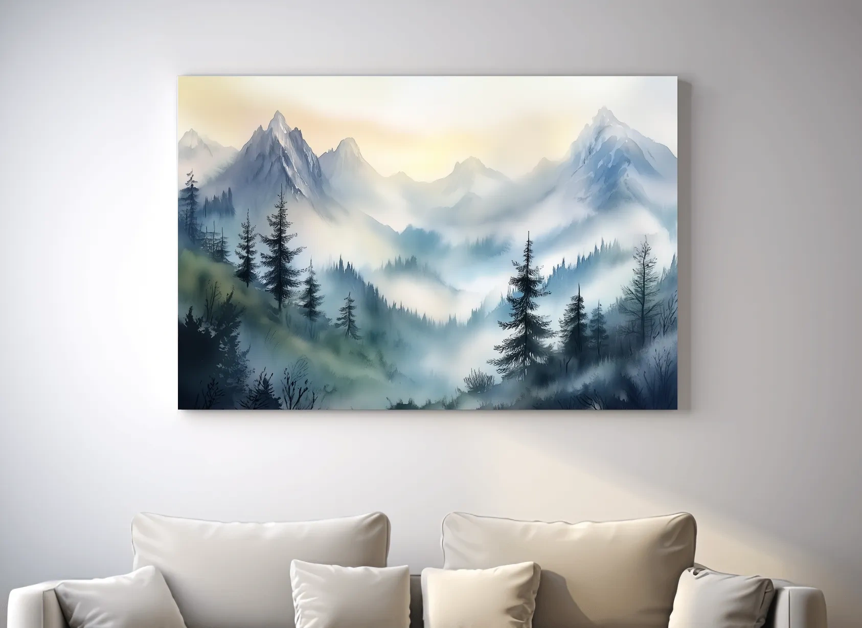 Chinese Ink Wash Watercolor Mountain Peaks - Foggy Alpine Wall Art