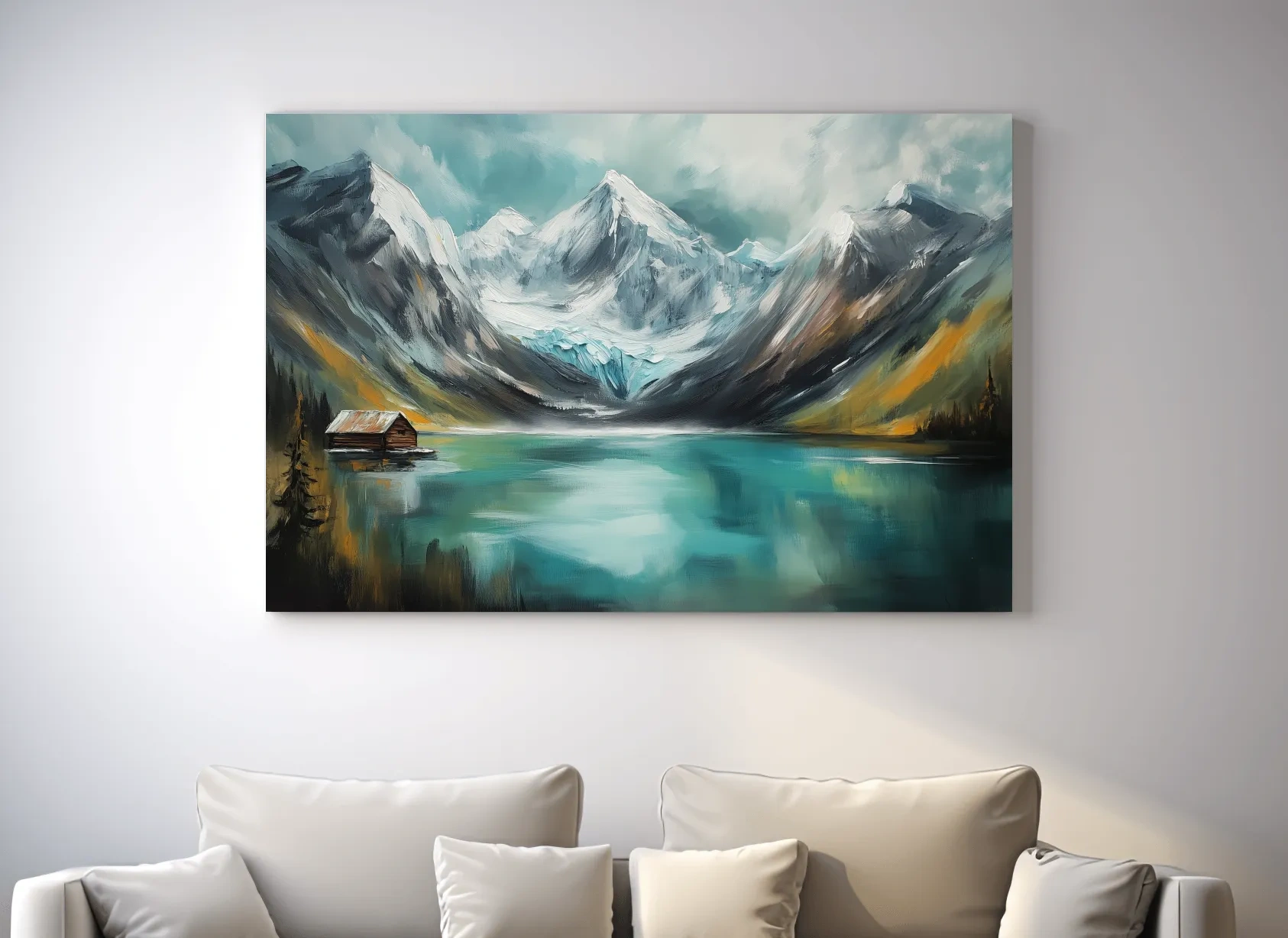 Turquoise Alpine Lake Cabin Painting - Snowy Mountain Landscape Wall Art