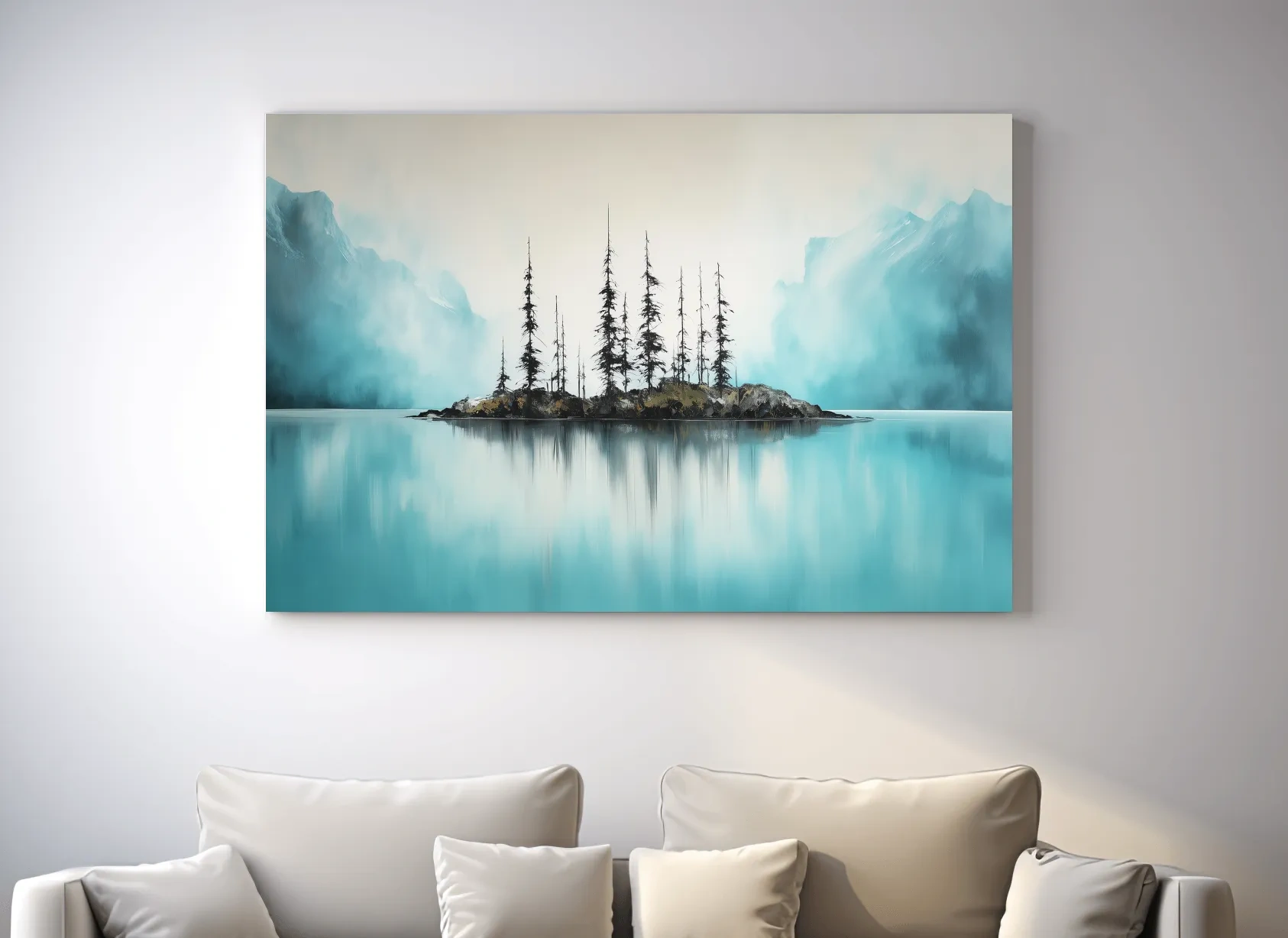 Misty Turquoise Mountain Lake Reflection - Minimalist Watercolor Landscape Wall Art
