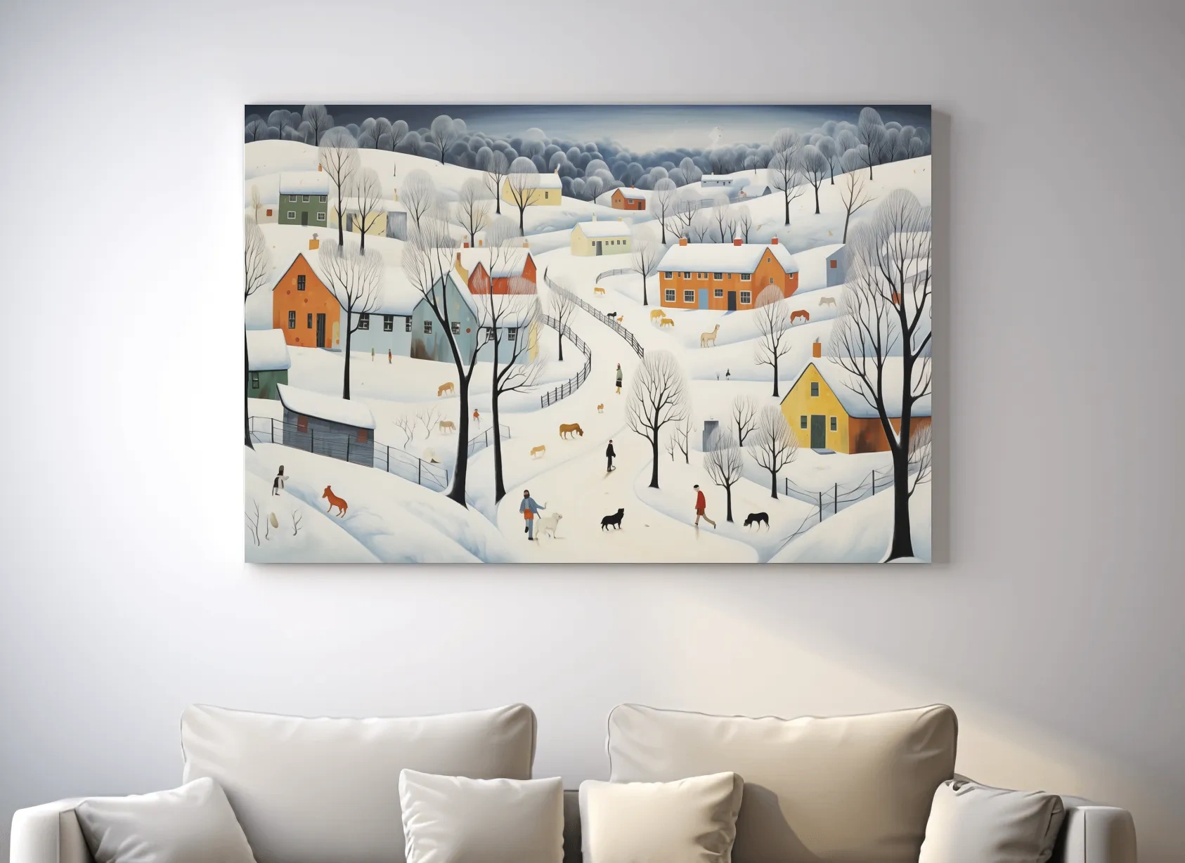 Whimsical Snowy Village Winter Landscape Painting - Folk Art Countryside Wall Art