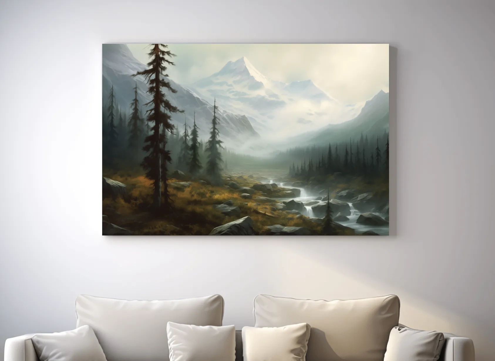 Misty Alpine Mountain Valley Painting - Foggy Evergreen Forest Wall Art