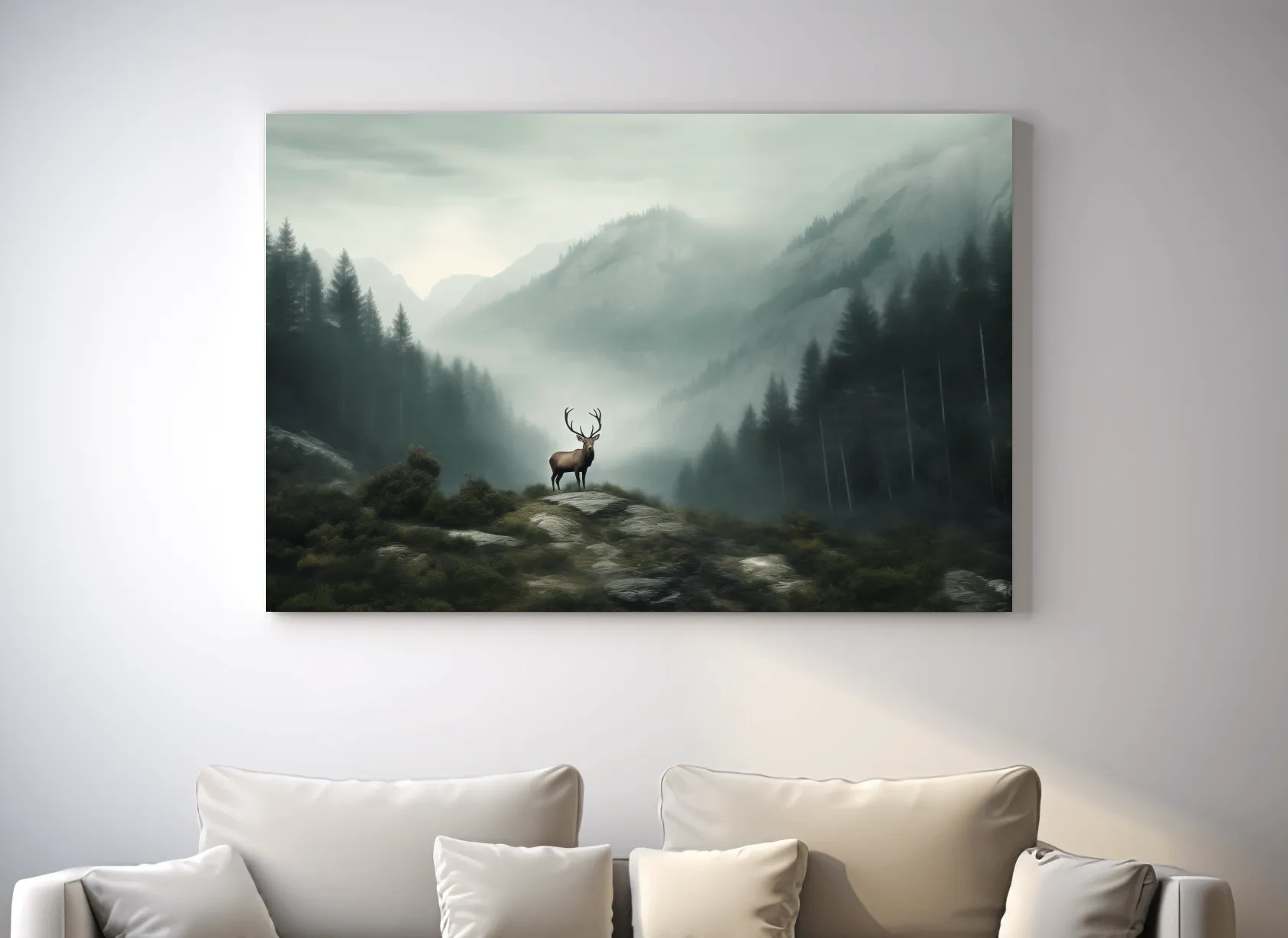 Moody Misty Mountain Deer Landscape - Atmospheric Forest Wildlife Wall Art