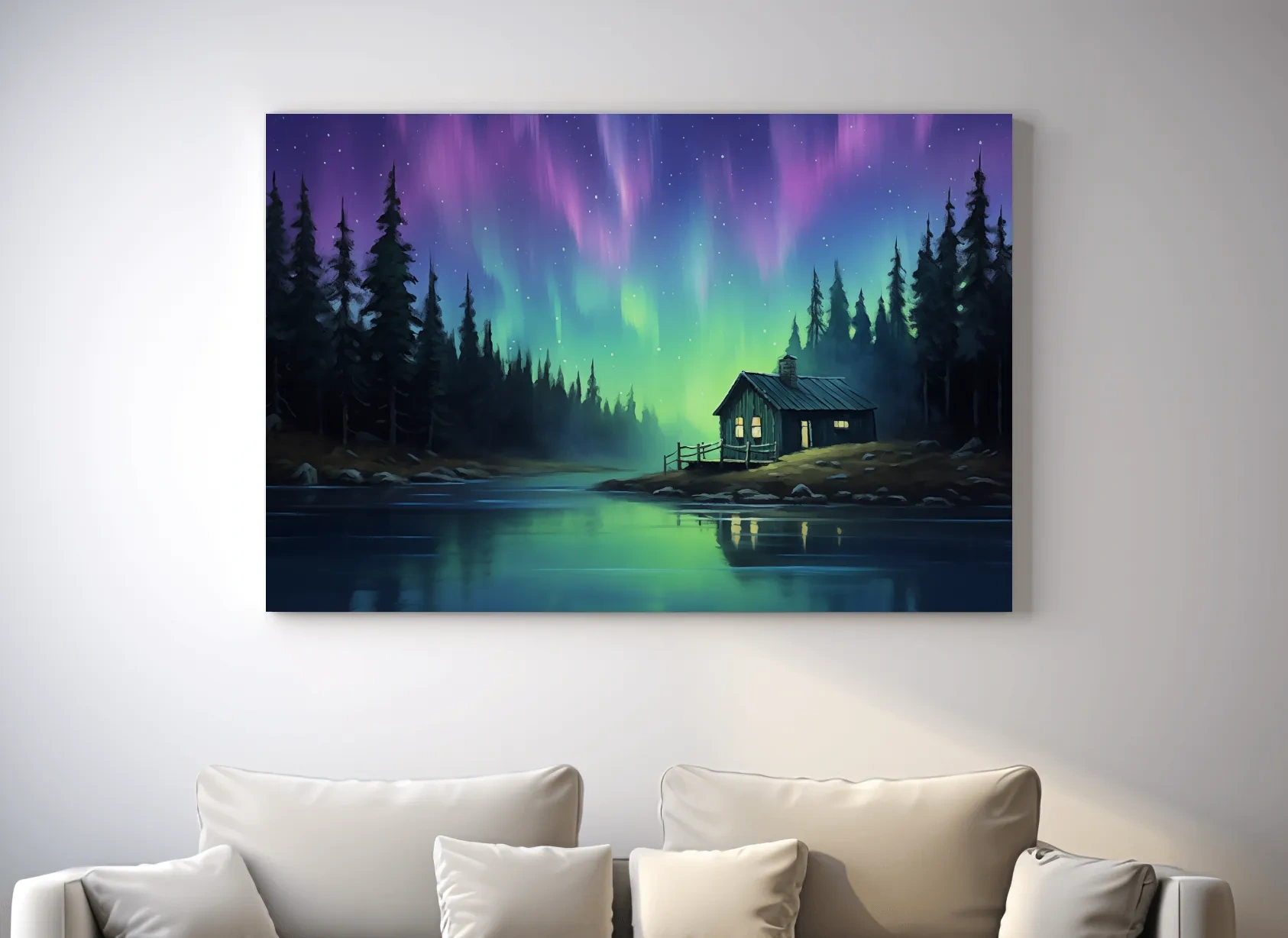 Northern Lights Over Lakeside Cabin Painting - Aurora Borealis Night Wall Art