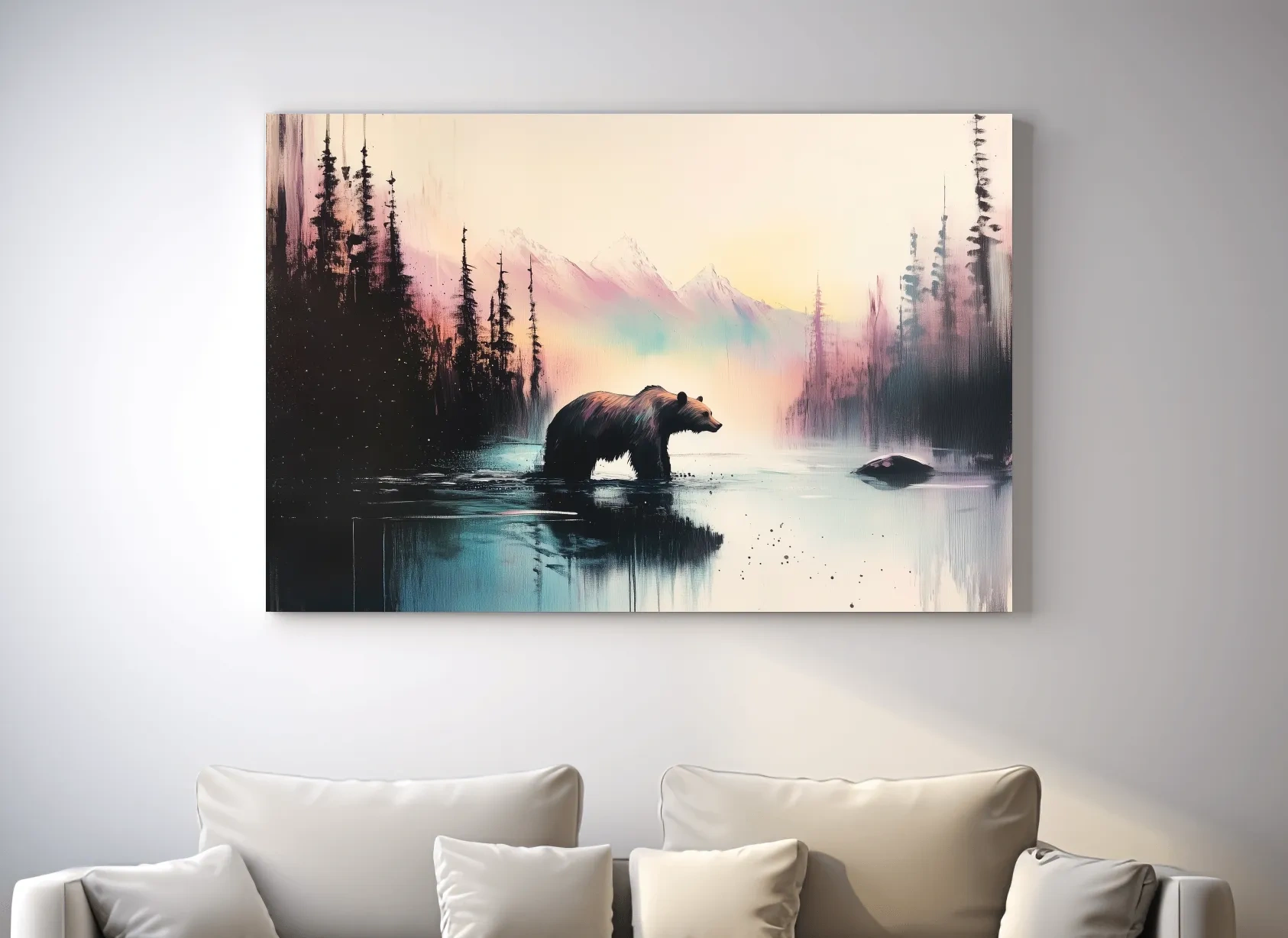 Moody Watercolor Grizzly Bear Lake Reflection - Misty Mountain Wilderness Wall Art
