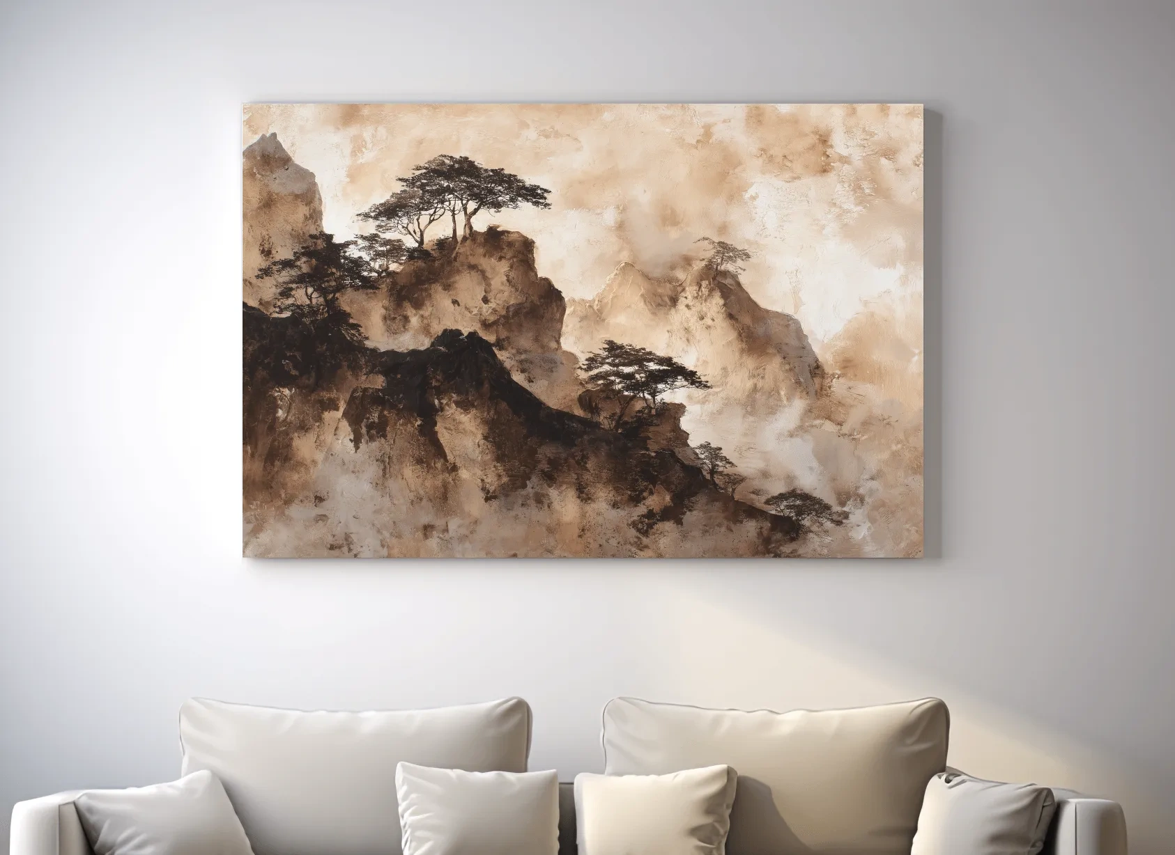 Sepia Japandi Mountain Ridge Painting - Atmospheric Ink Wash Art