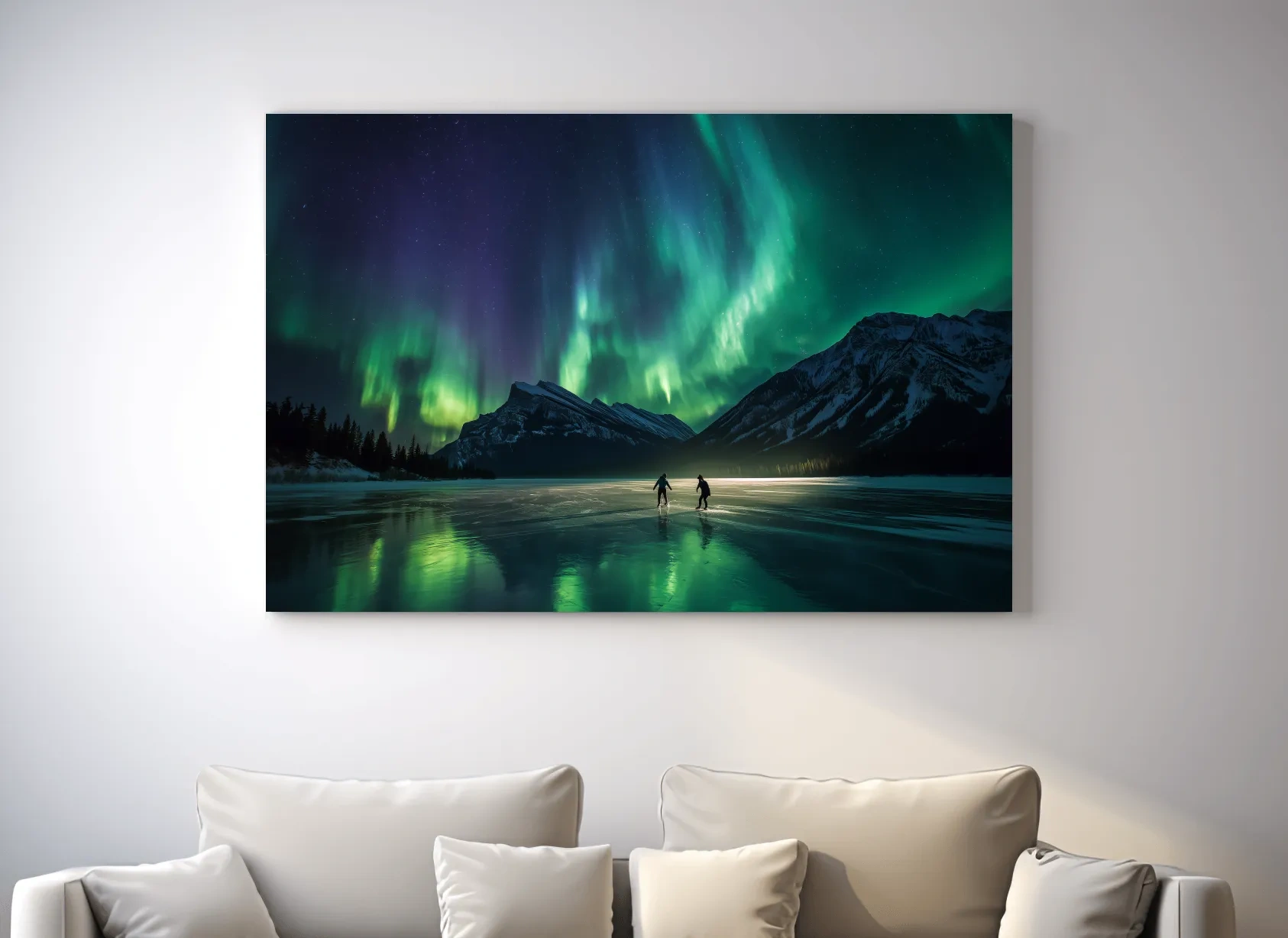 Ice Skaters Under Vibrant Northern Lights - Aurora Borealis Photographic Wall Art