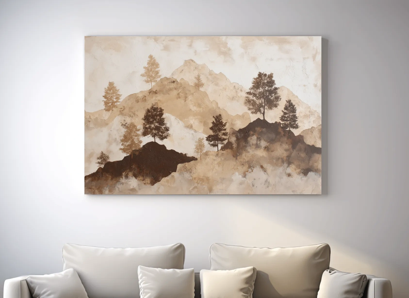 Wabi-Sabi Mountain Tree Silhouettes Painting - Minimalist Landscape Wall Art