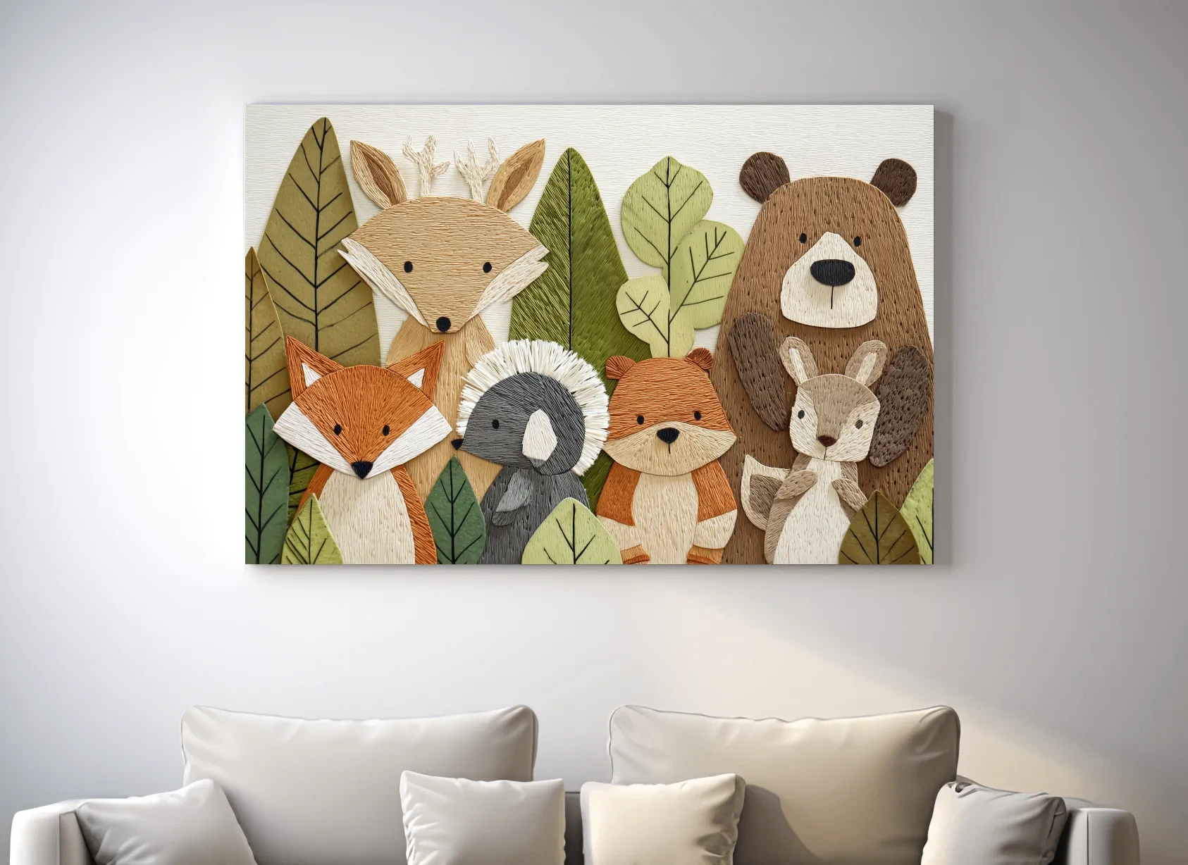 Woodland Animal Nursery Decor - Cute Forest Animals Embroidery Style Wall Art