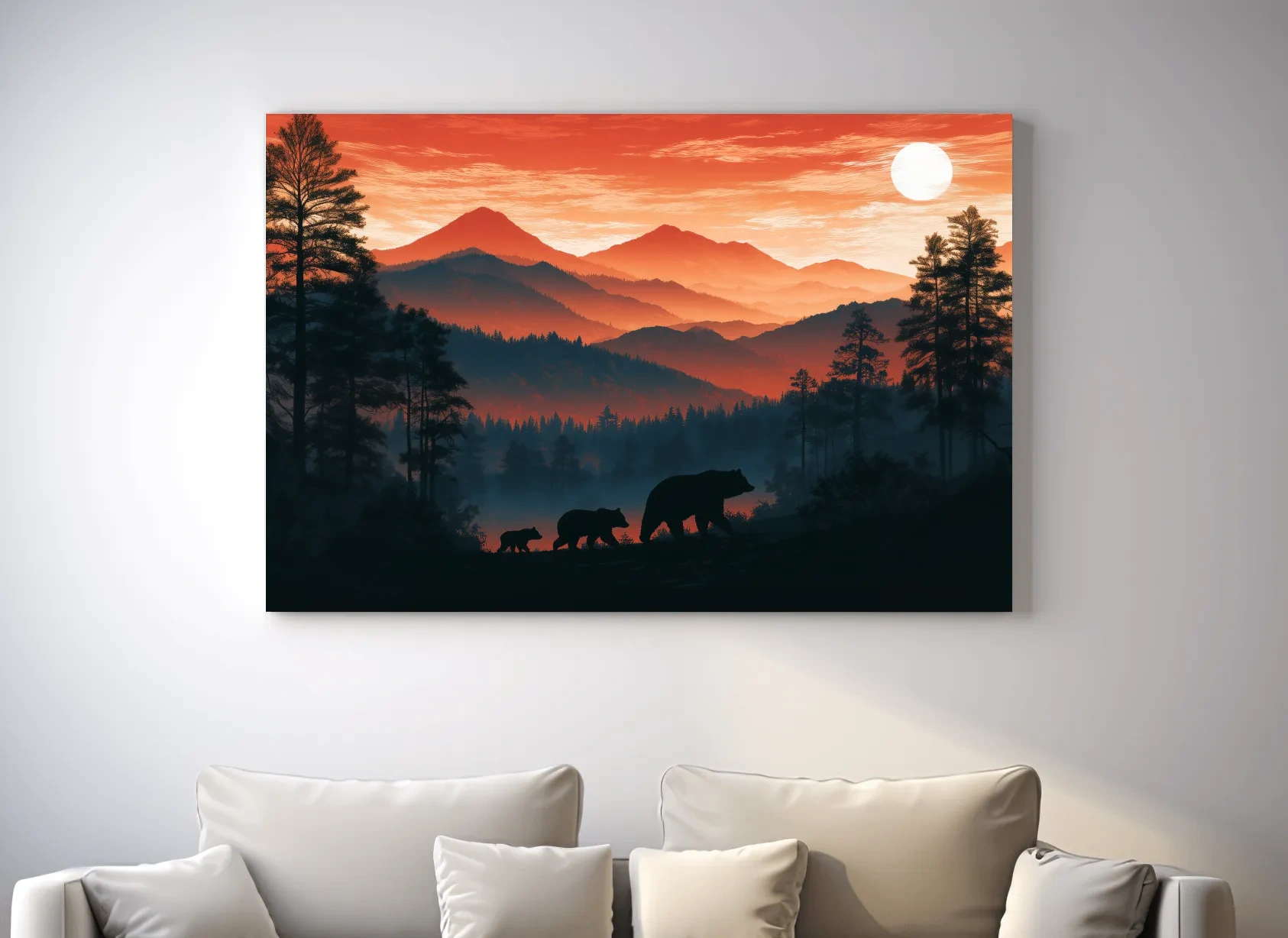 Mountain Sunset Bear Family Silhouettes - Wilderness Landscape Artwork