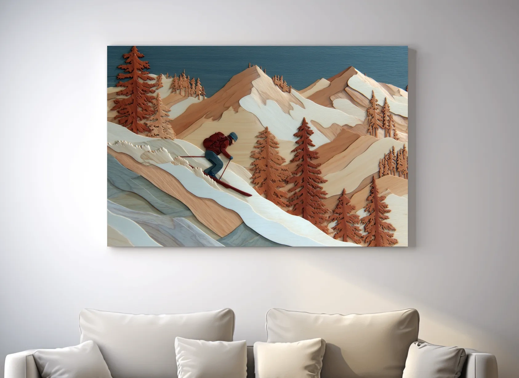 Wood Intarsia Style Skier Mountain Scene - Winter Alpine Wall Art