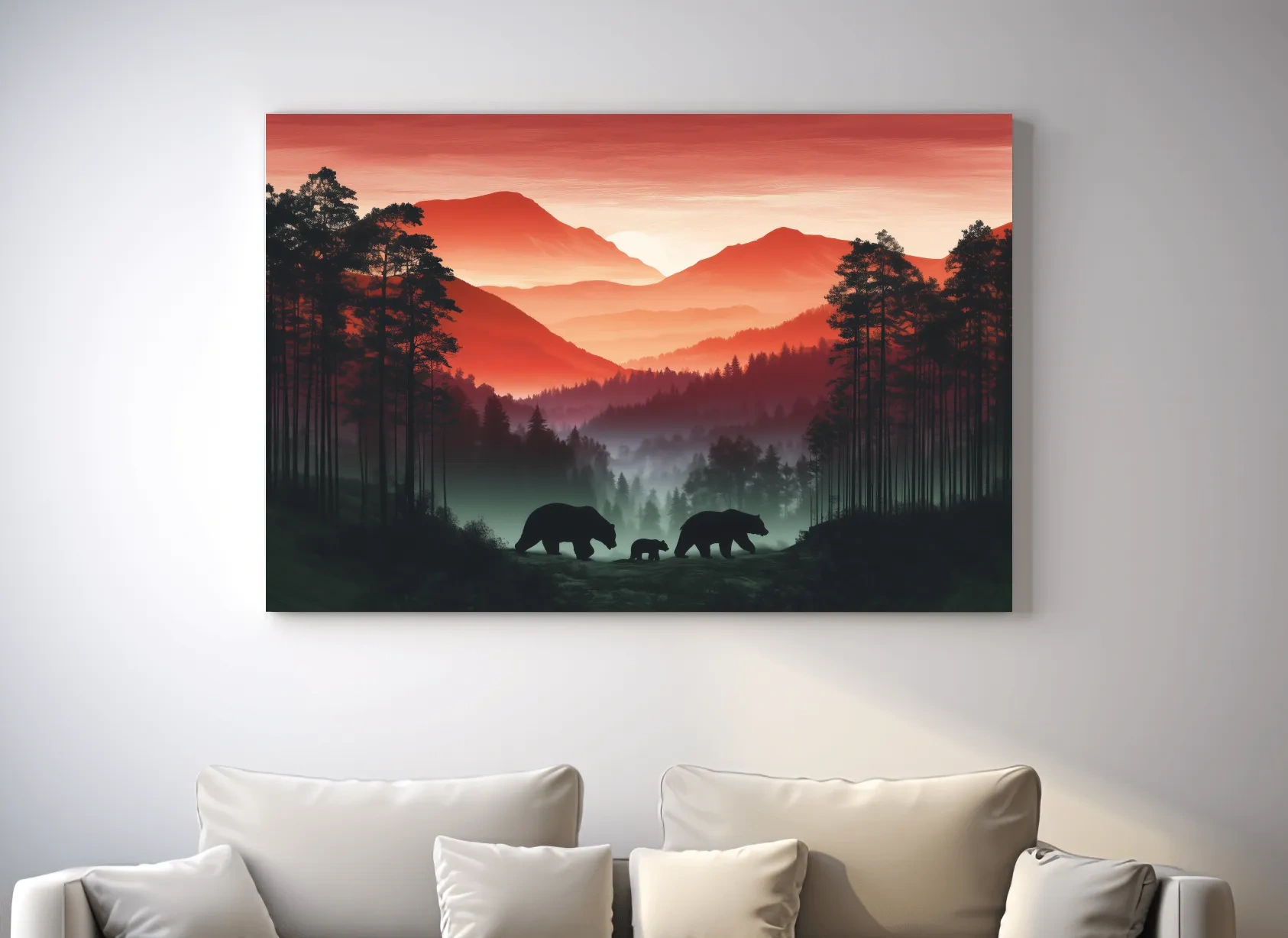 Moody Sunset Mountain Bear Family Silhouettes - Misty Forest Wildlife Wall Art