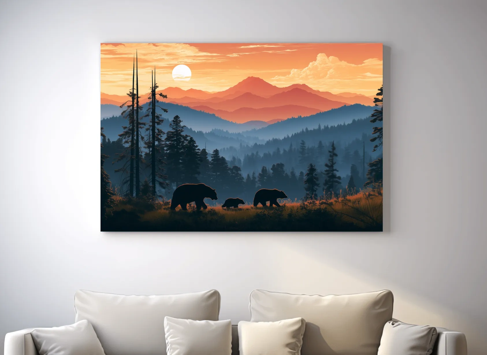 Bear Family Silhouettes - Mountain Sunset Wildlife Wall Art