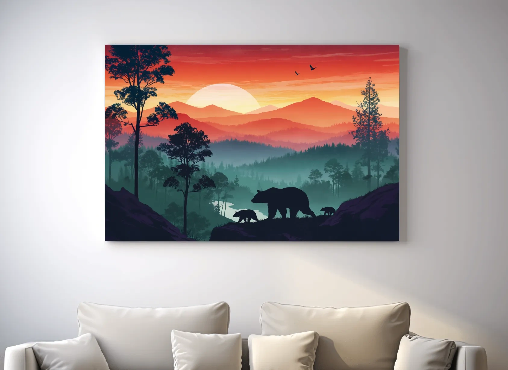 Sunset Mama Bear & Cubs Silhouette - Misty Forest Landscape Artwork