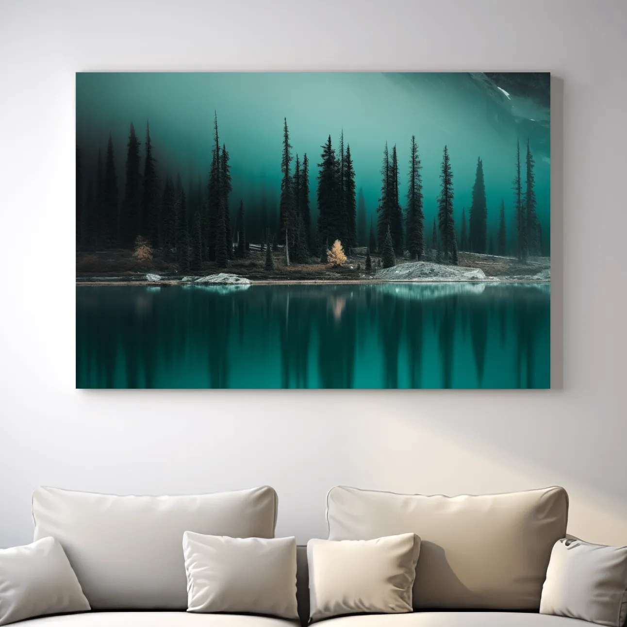Trees on a turquoise alpine lake, mountain painting