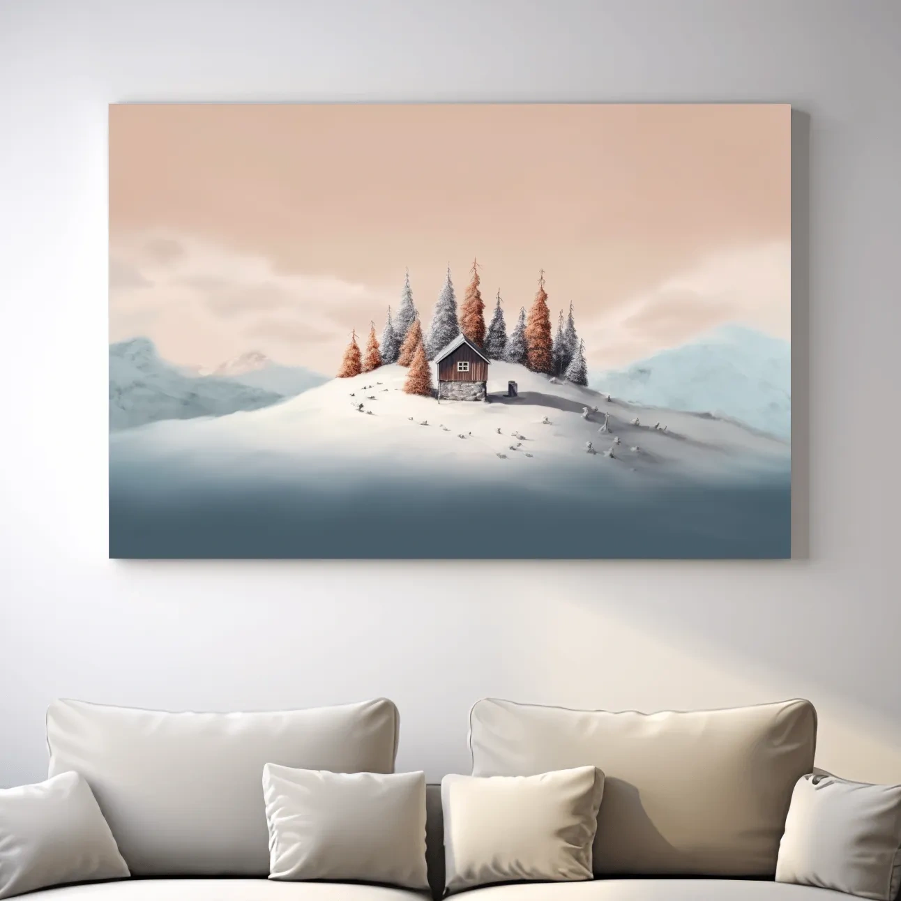 Minimal painting, cabin in the snow