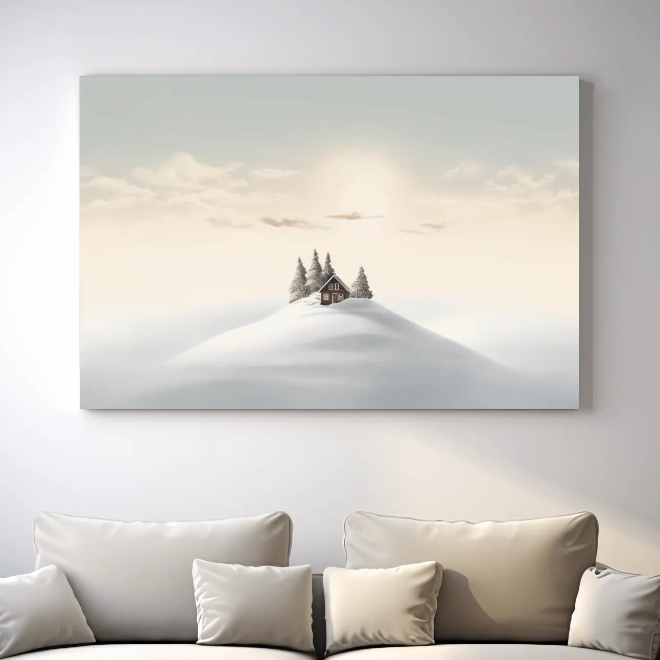 Minimal painting, cabin in the snow