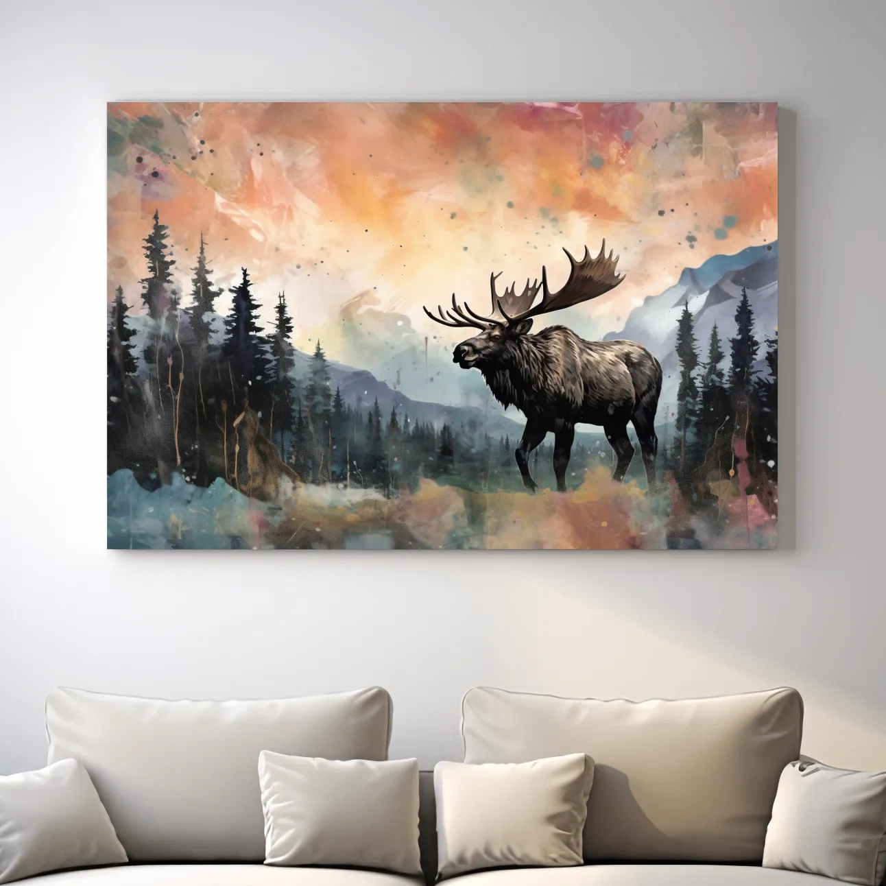 Watercolor Moose In Misty Mountain Forest - Rustic Wildlife Wall Art