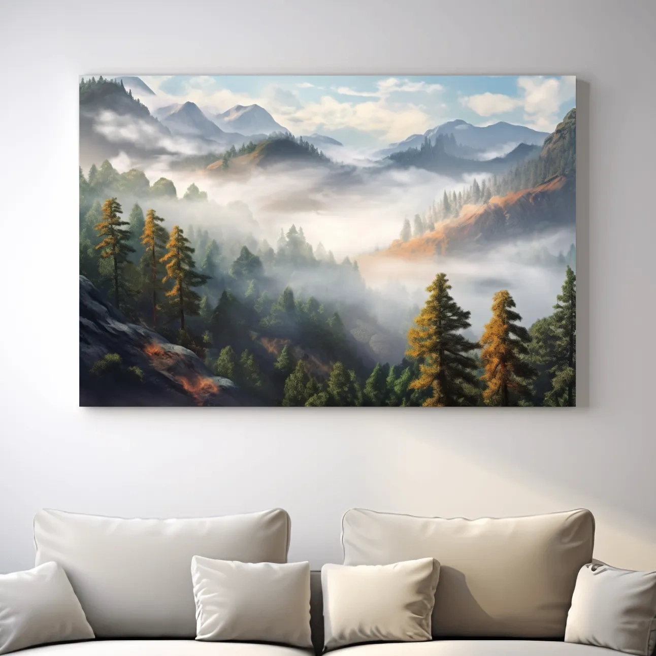 Painting of fog rolling through the trees and mountains