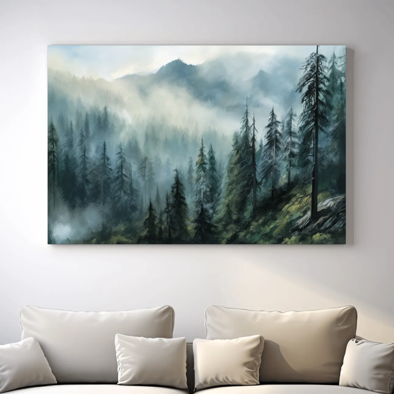 Misty Evergreen Forest Mountain Landscape - Moody Watercolor Nature Wall Art