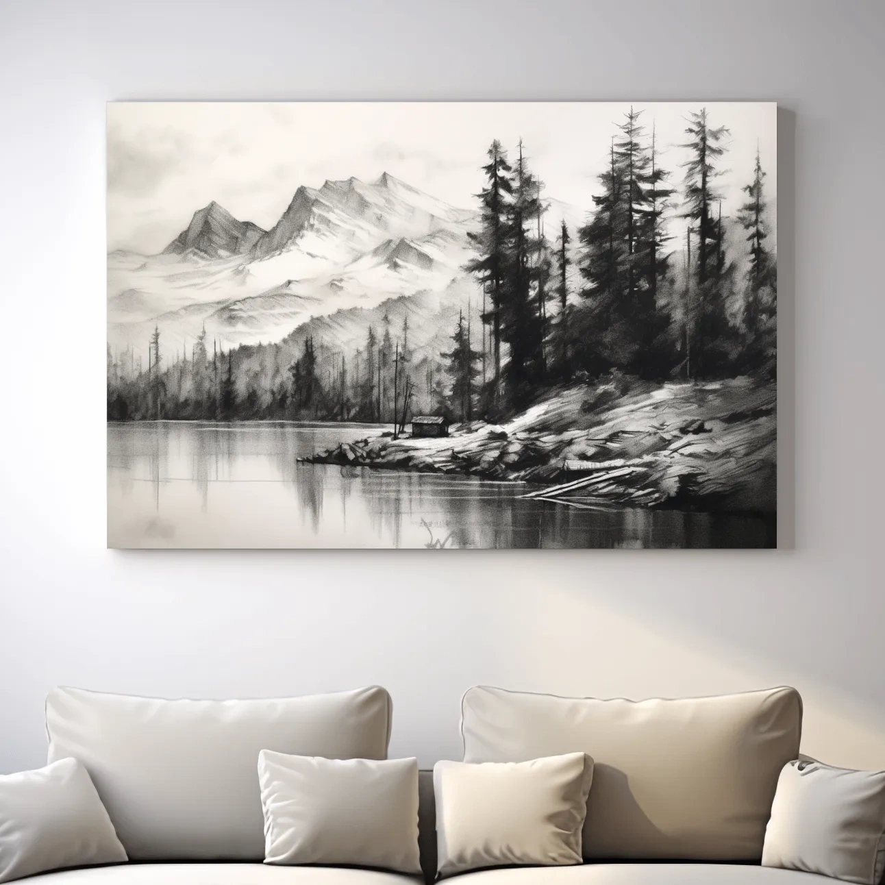 Monochrome Mountain Lake Charcoal Sketch - Pine Forest Landscape Wall Art