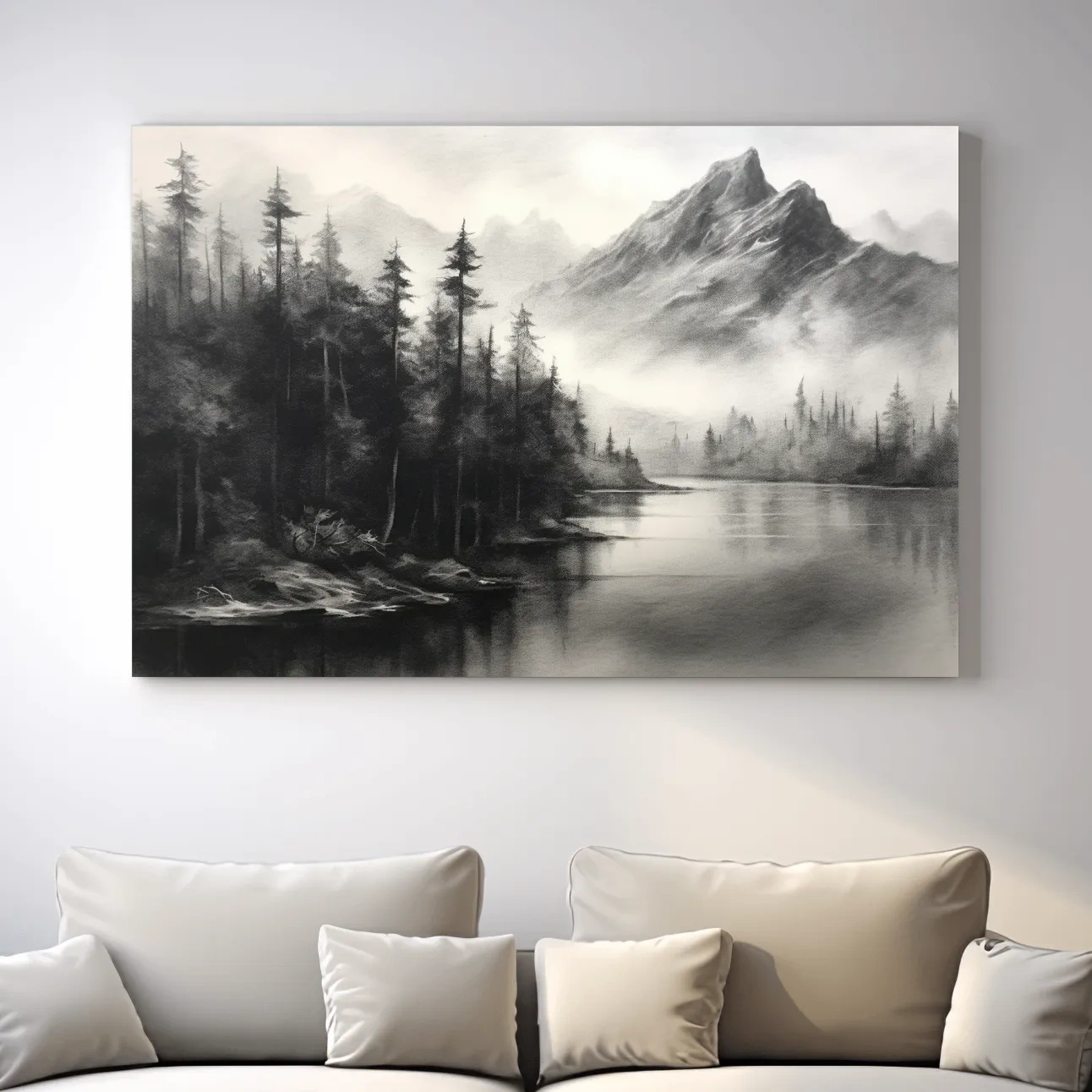 Charcoal drawing of mountains and a lake