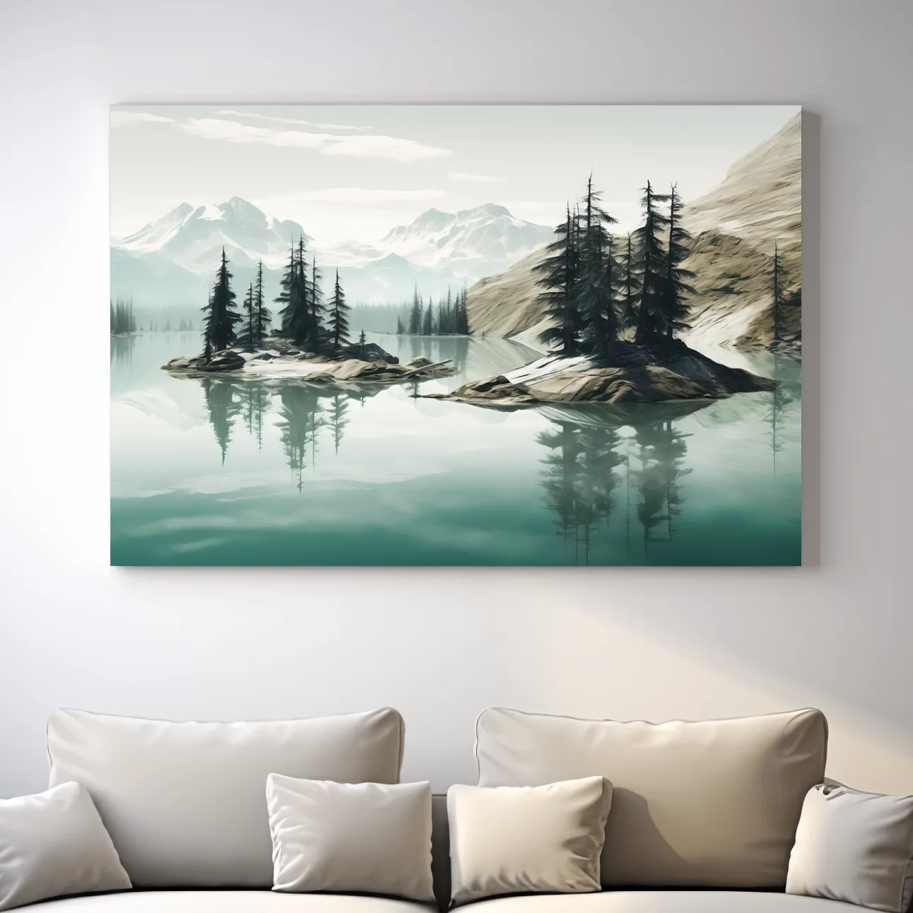 Painting of trees on an alpine lake
