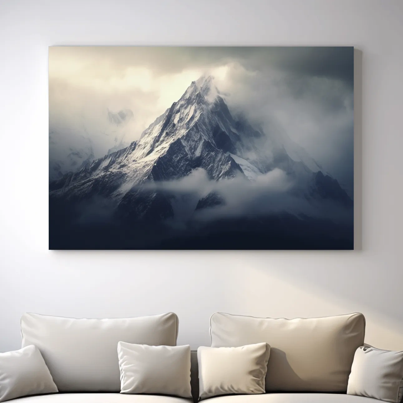 Photographic art, snow capped mountain in the clouds