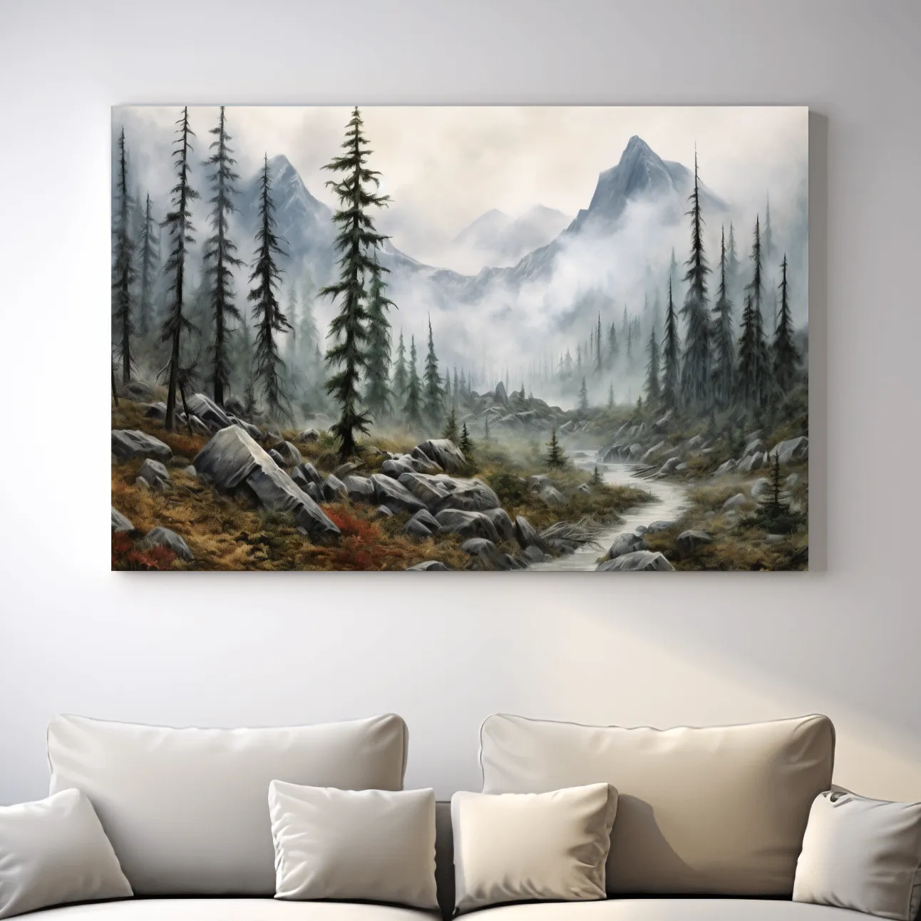 Painting of fog rolling through mountain scenery