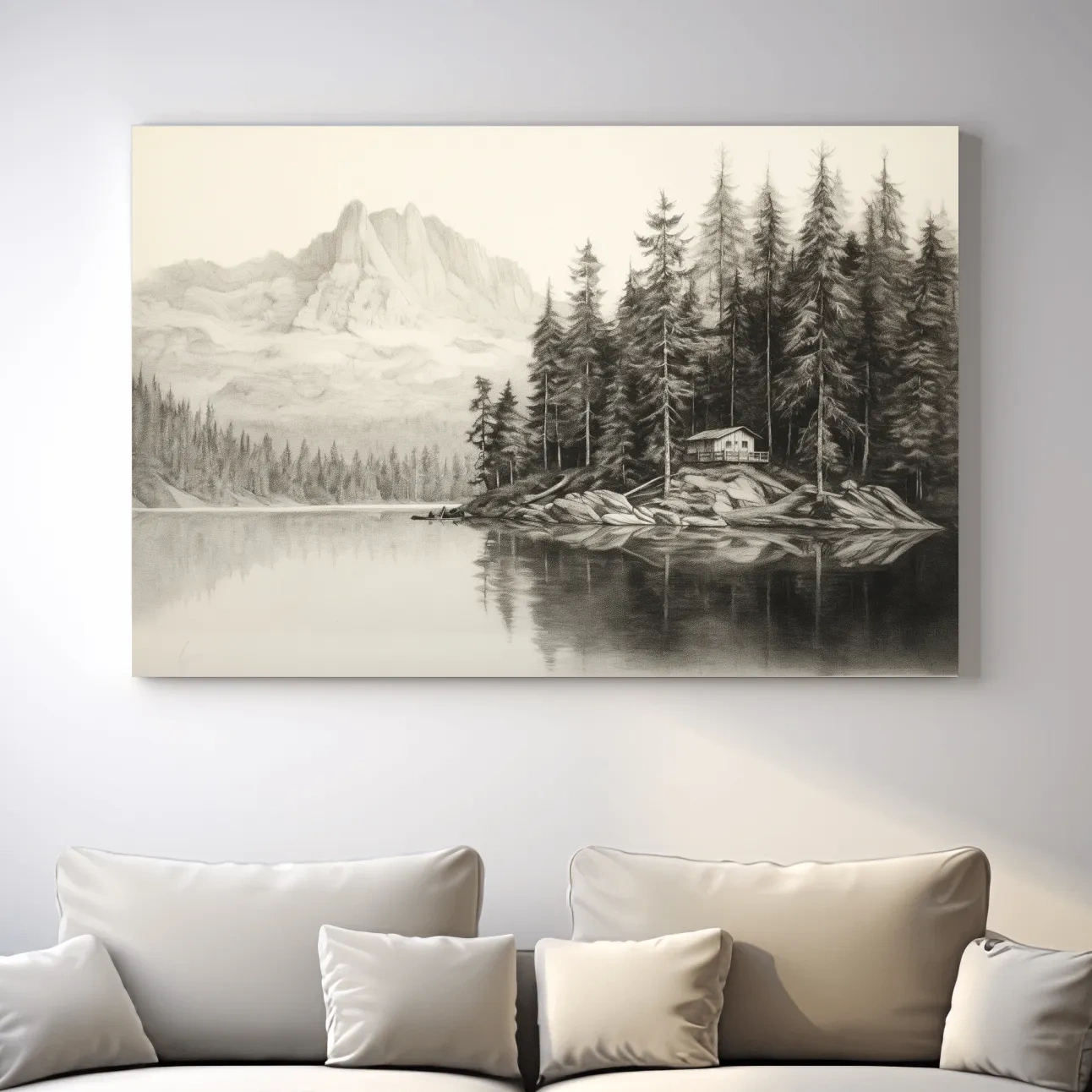 Lead pencil drawing of a cabin by the lake