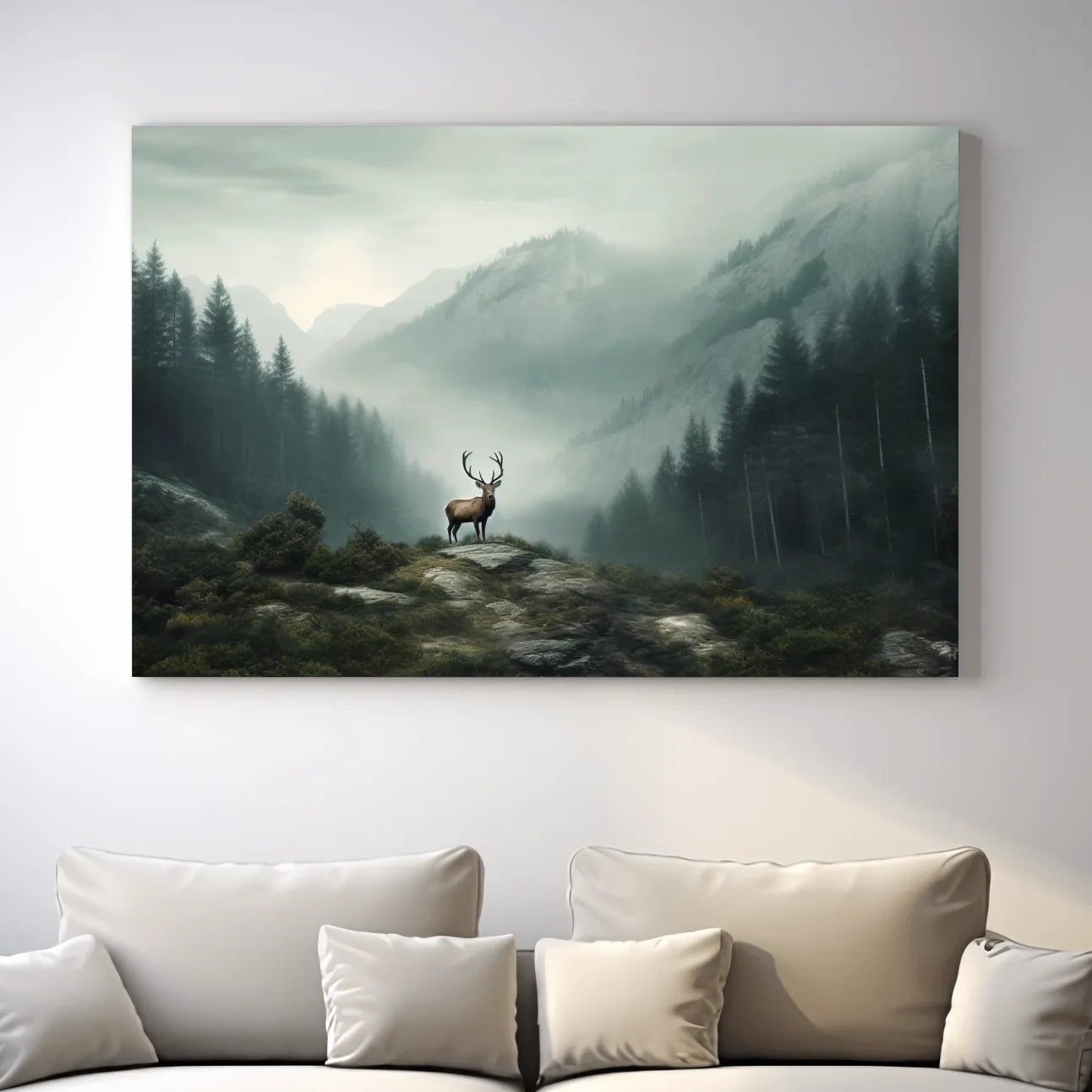 Painting style artwork of a majestic deer standing in the fog