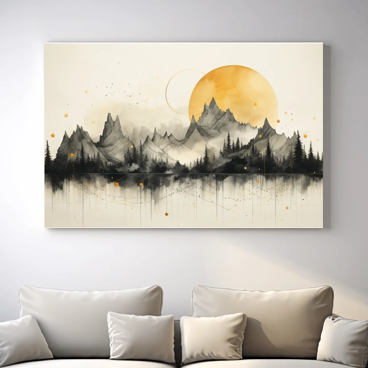 Golden Sun Abstract Mountain Range - Minimalist Watercolor Landscape Wall Art