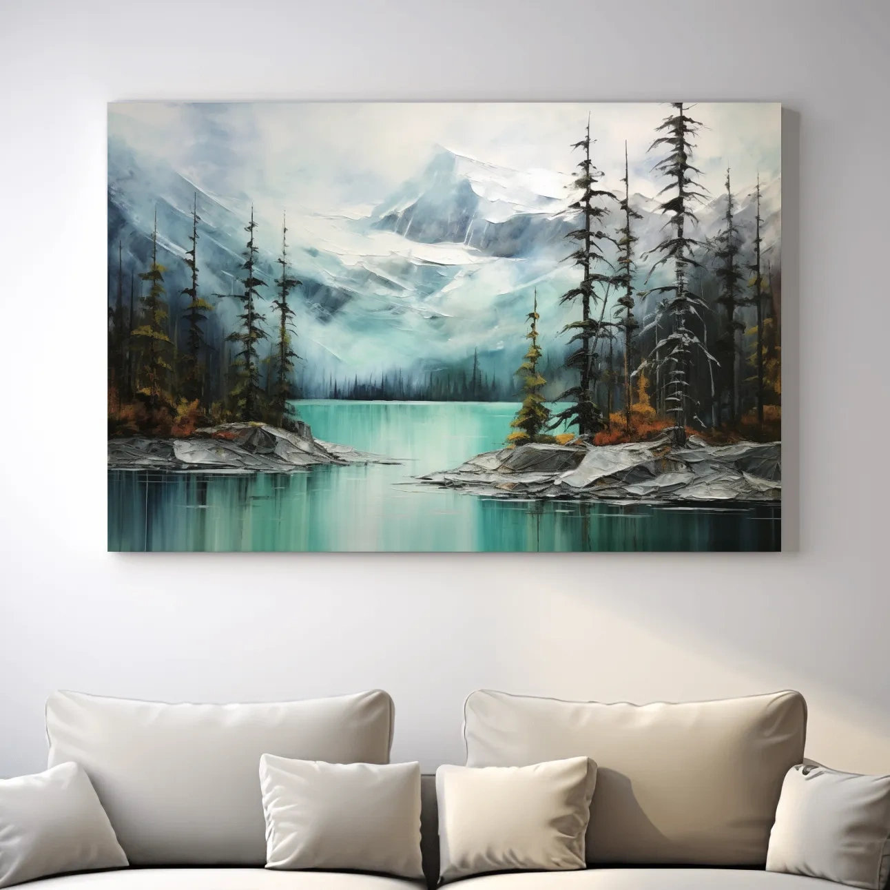 Painting of a turquoise lake in the alpine