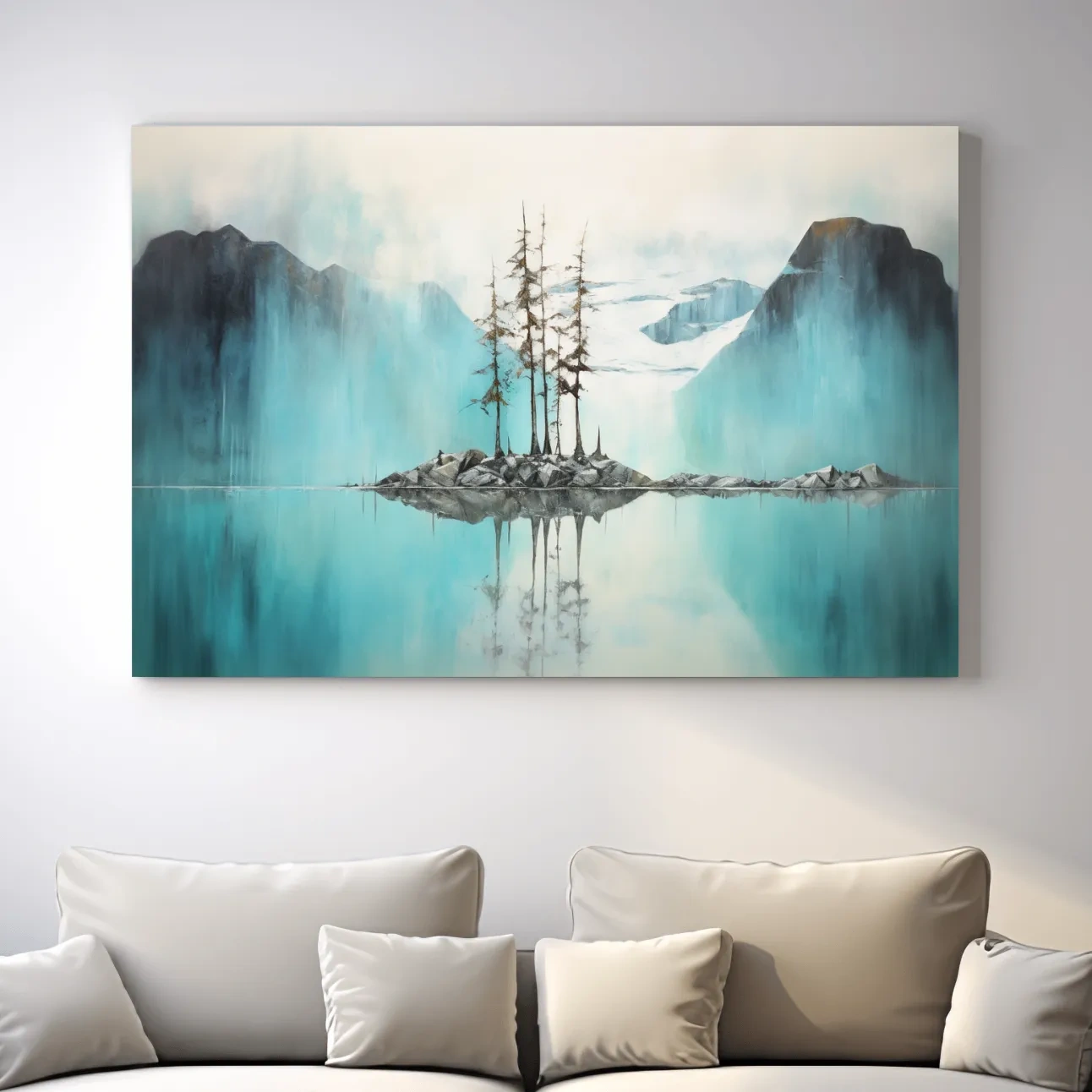 Trees on a turquoise lake, mountain painting