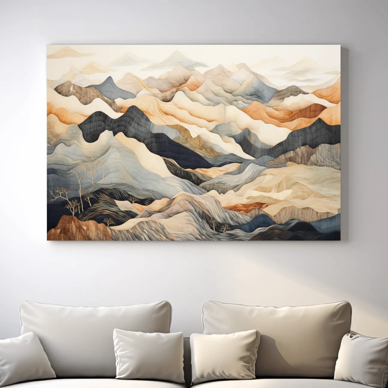 Tapestry style earthy coloured mountain artwork