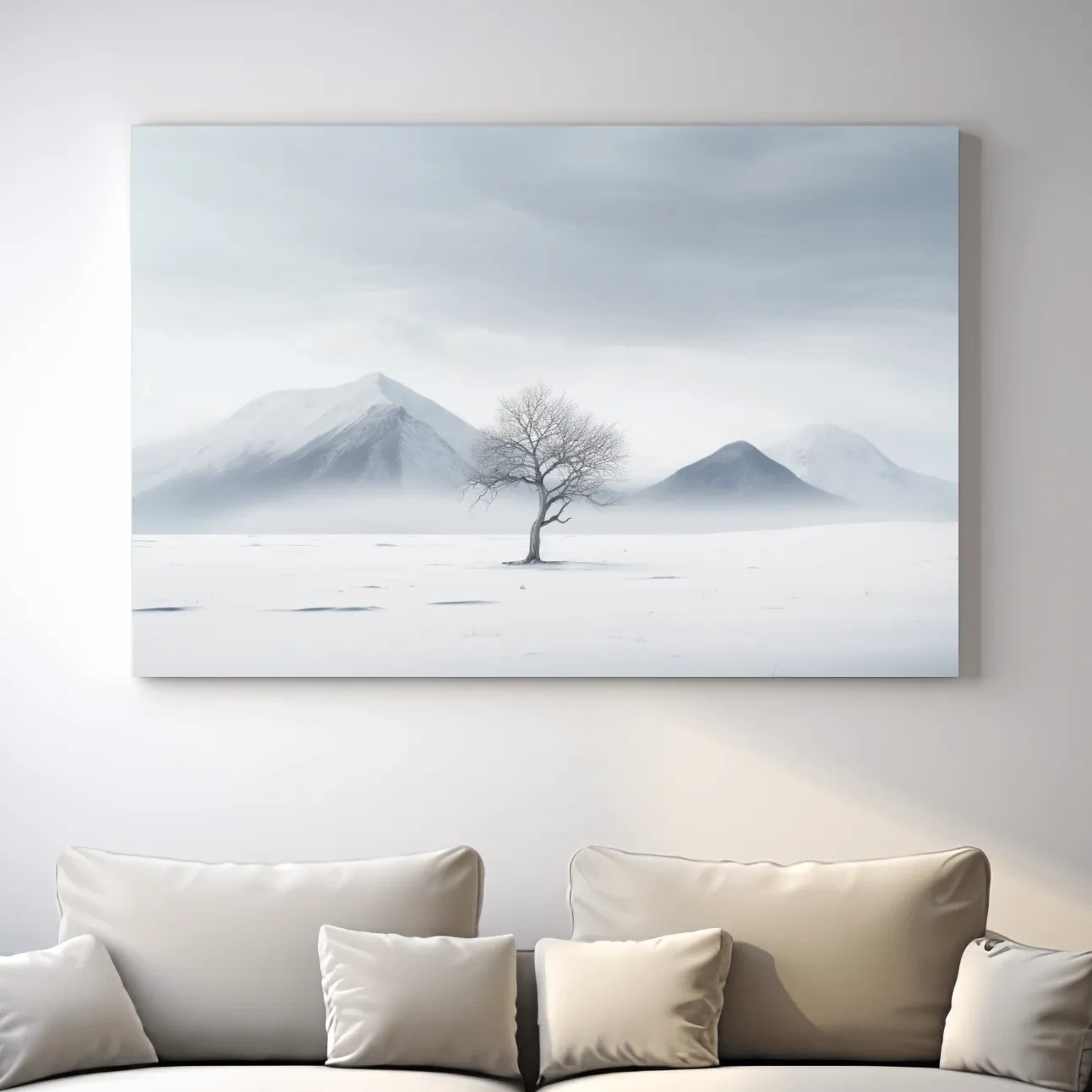Minimal art, painting of a tree in the snow