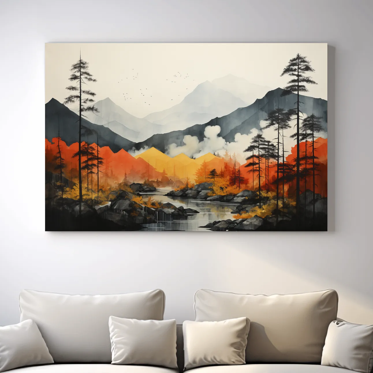 Surreal watercolour painting, colorful mountain scenery