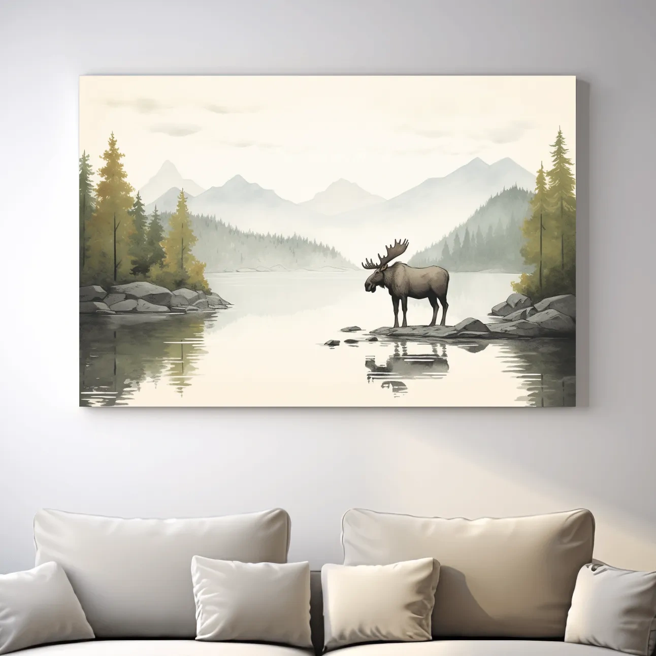 Childrens nursery illustration of a moose by a lake