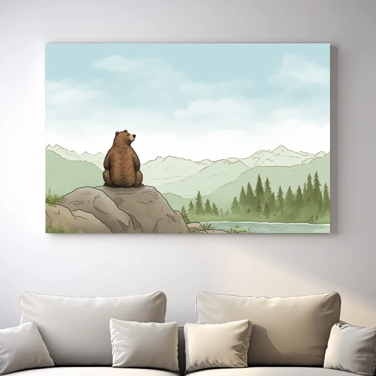 Illustration of a bear chilling on a rock, nursery artwork