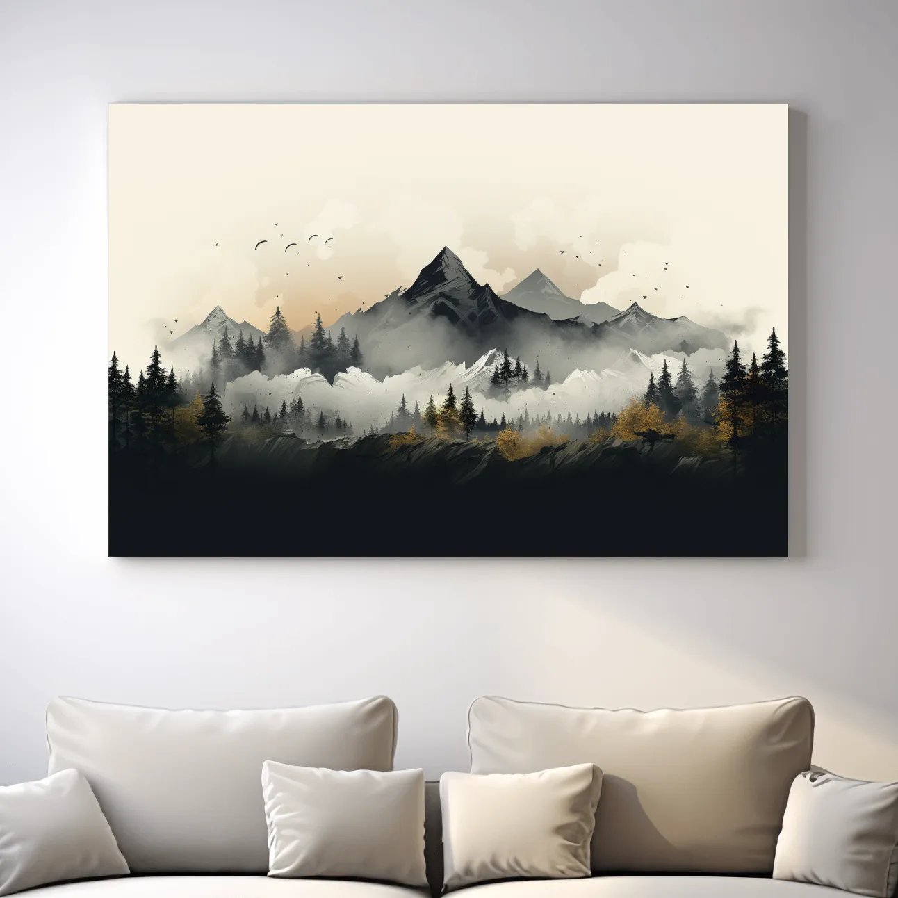 Illustration of treelined mountains