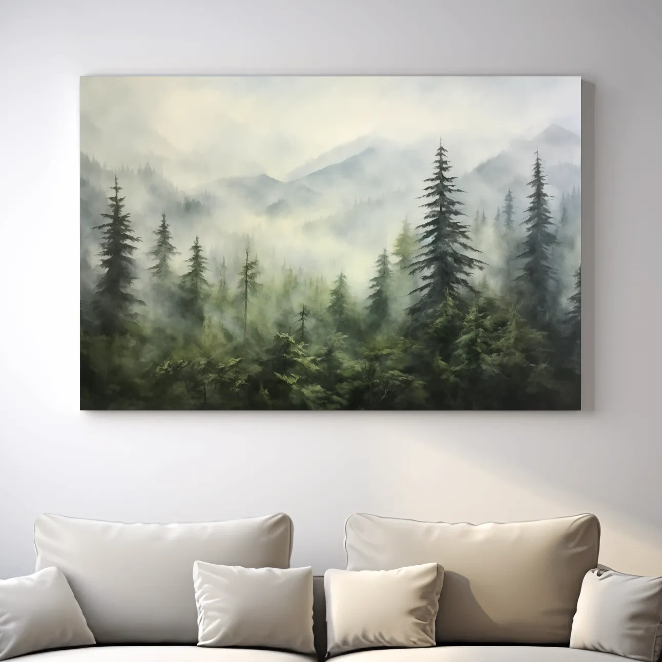 Misty Evergreen Forest Mountains Watercolor - Serene Foggy Landscape Artwork