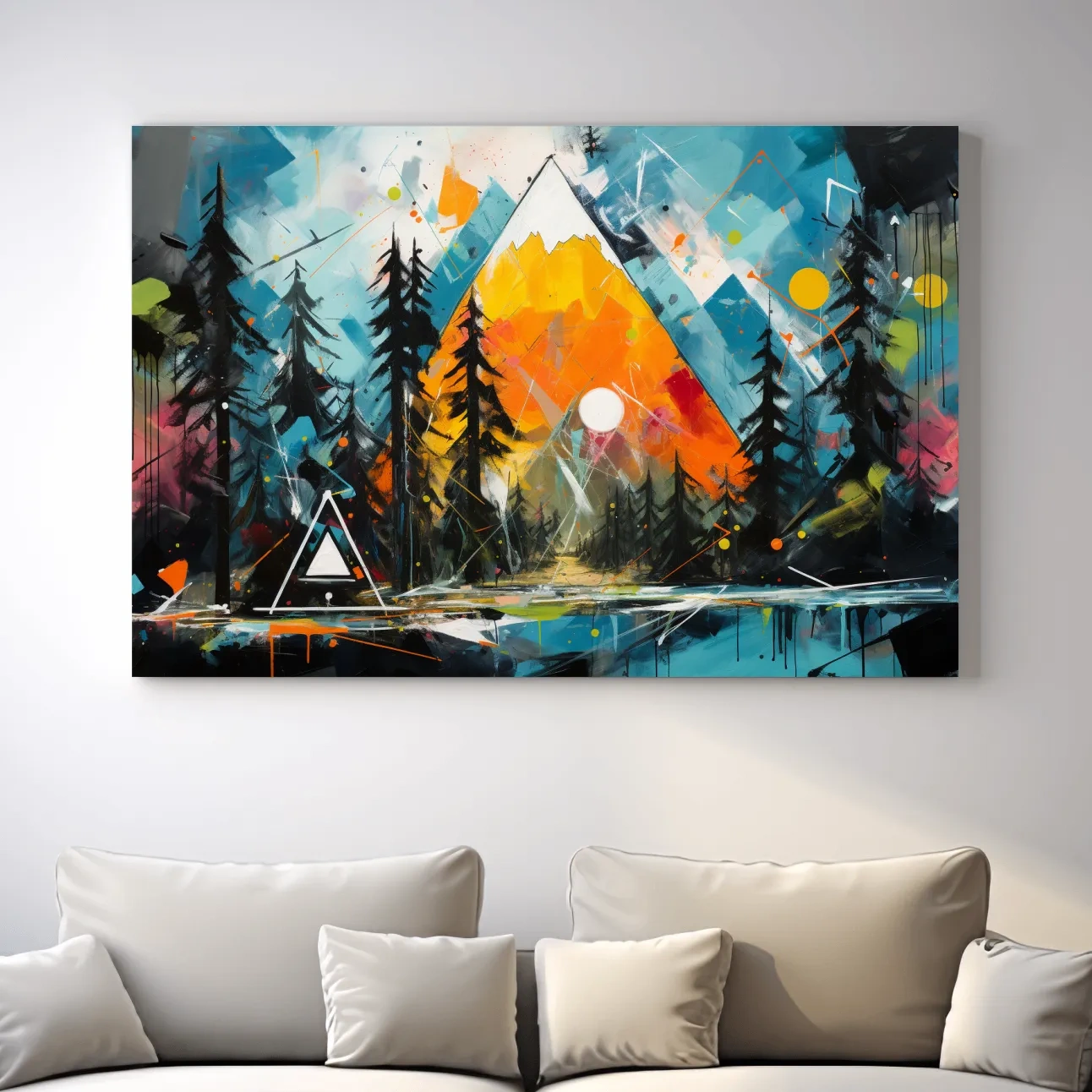 Vibrant Abstract Mountain Sunrise With Pine Forest - Energetic Landscape Wall Art