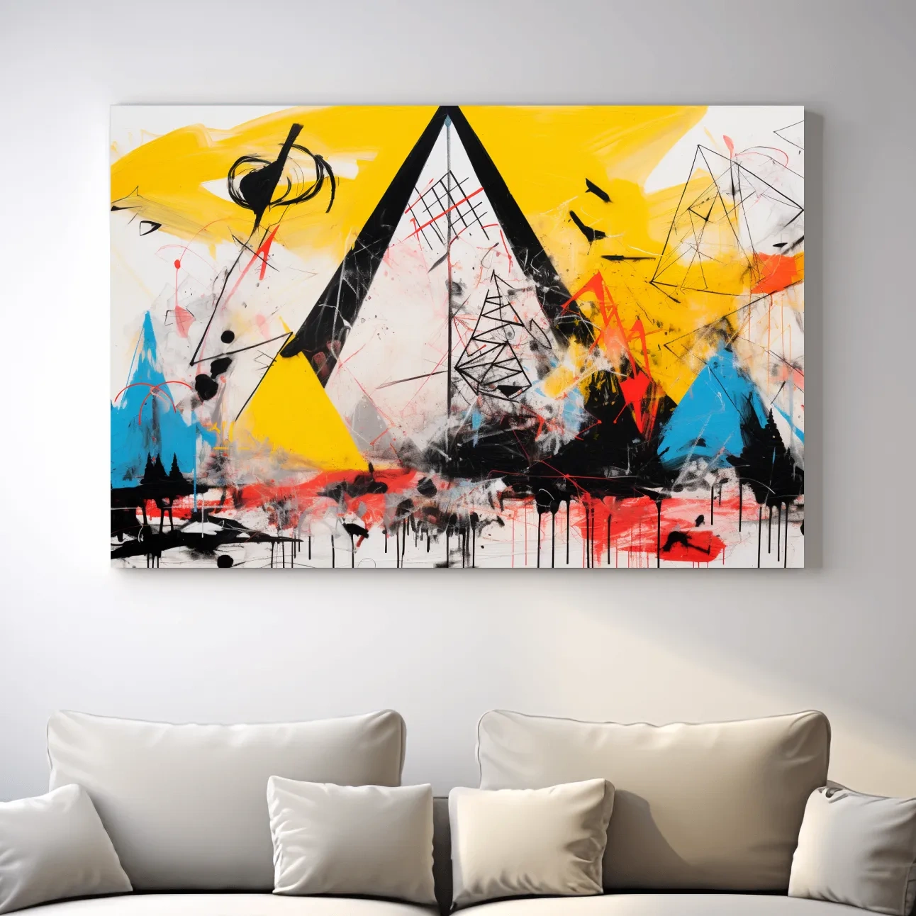 Abstract energetic graffiti style geometric mountain painting