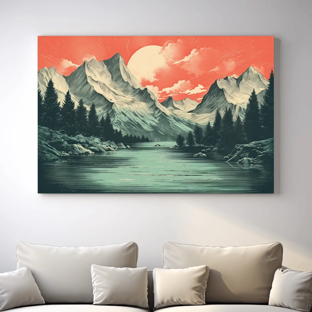 Retro Alpine Mountain Lake Sunset - Vintage Risograph Landscape Wall Art